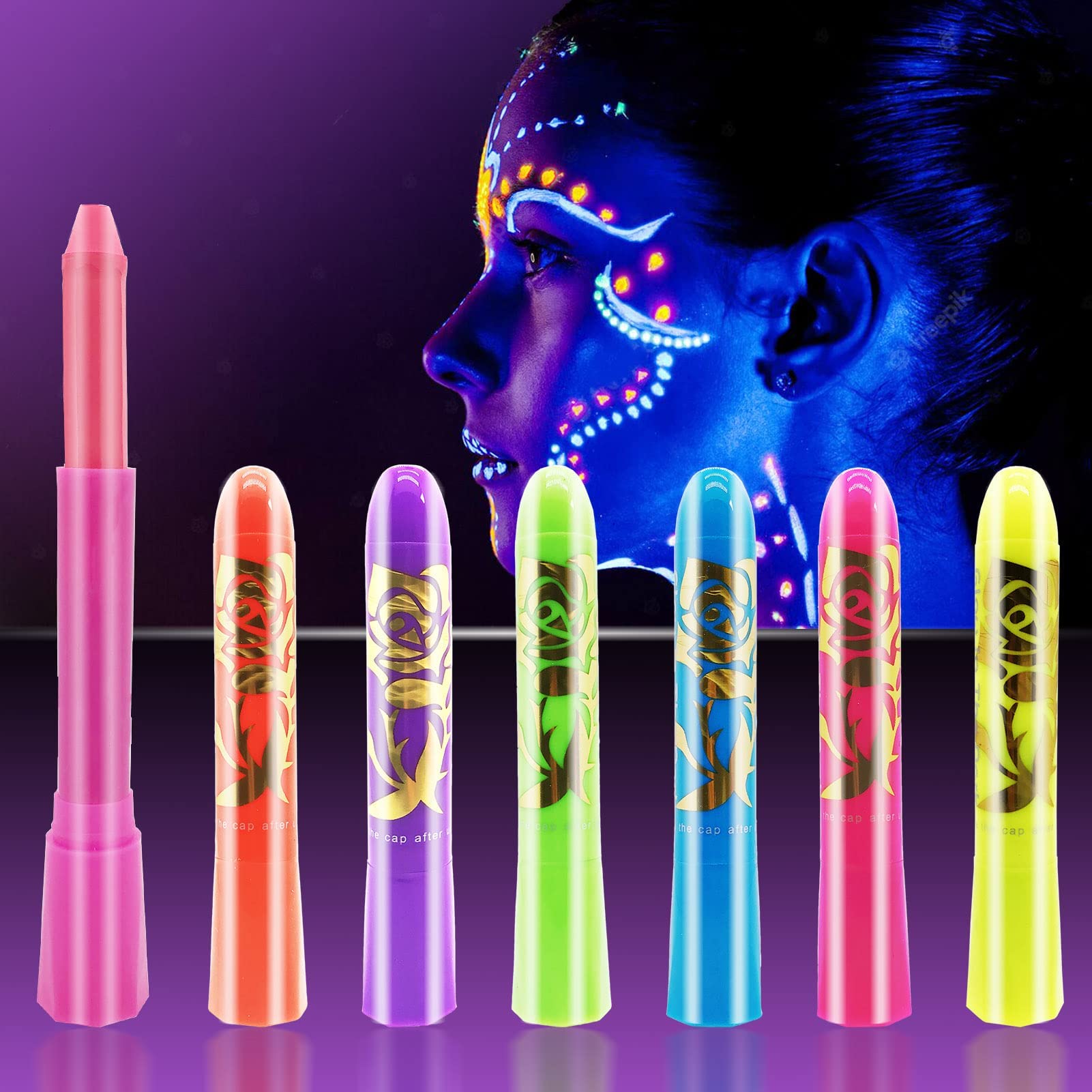 Face Paint Crayons Glow, Glow in The Dark UV Face Paint Crayons, The Dark Body Painting Kit Under UV and Black Light Makeup Non-Toxic for Halloween Masquerades Easter Festivals Party Supplies(6 Color)