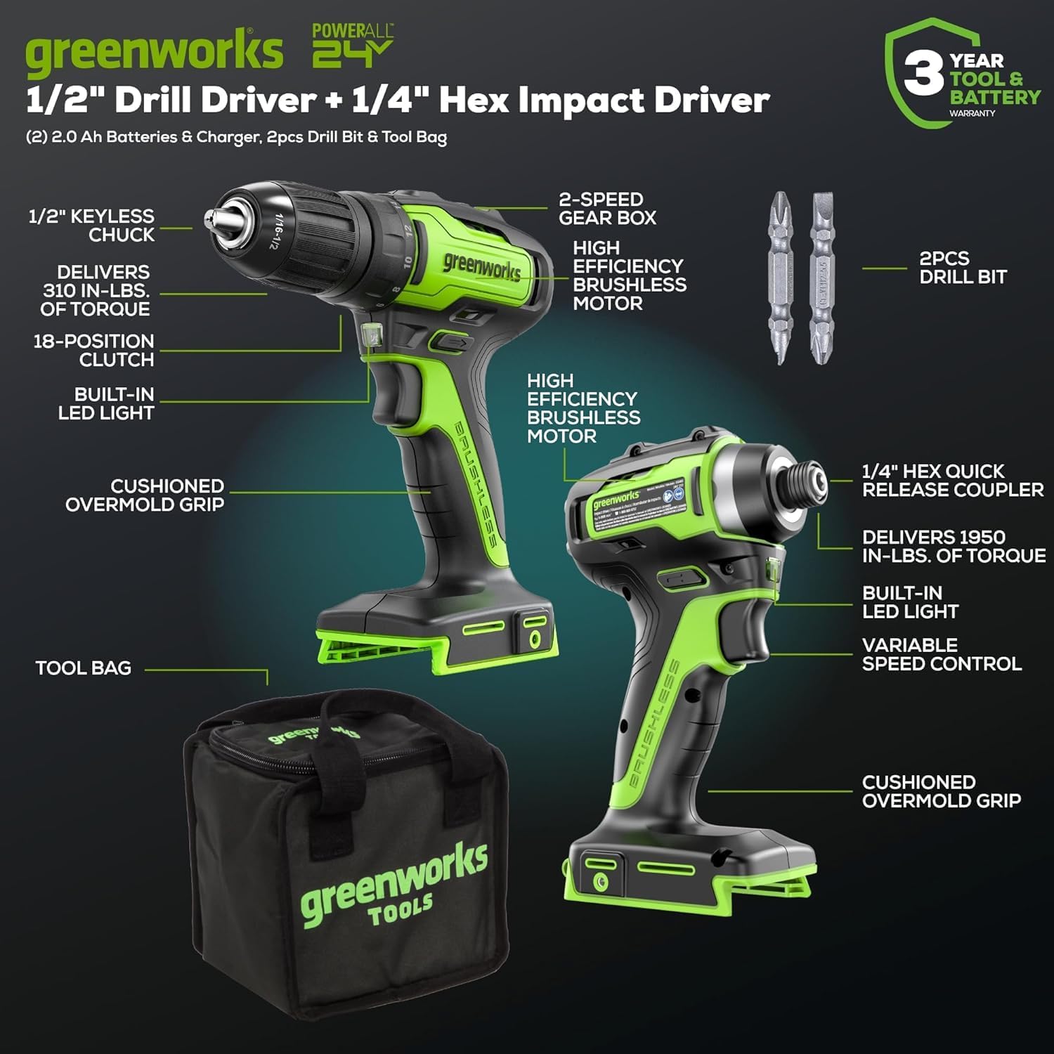 Greenworks 24V Brushless 3 pcs Cordless Power Tool Combo Kit, Include 310 in./lbs Drill, 1950 in./lbs Impact Driver, Flashlight, 2 x 2Ah Batteries and Charger