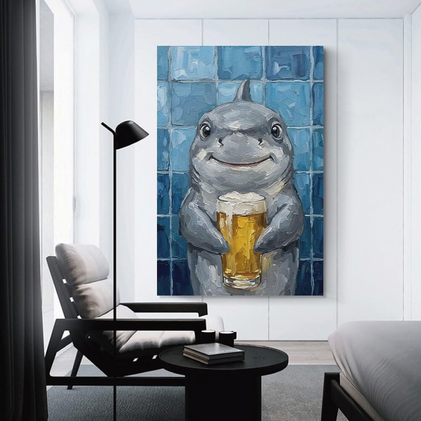 Junmoney Unframe-Style-6-1 Shark With Beer Painting Home Decor Wall Art 20X30inch(50X75cm), For Gallery Wall Layouts In Home Or Office, A Versatile Canvas Print For Layering