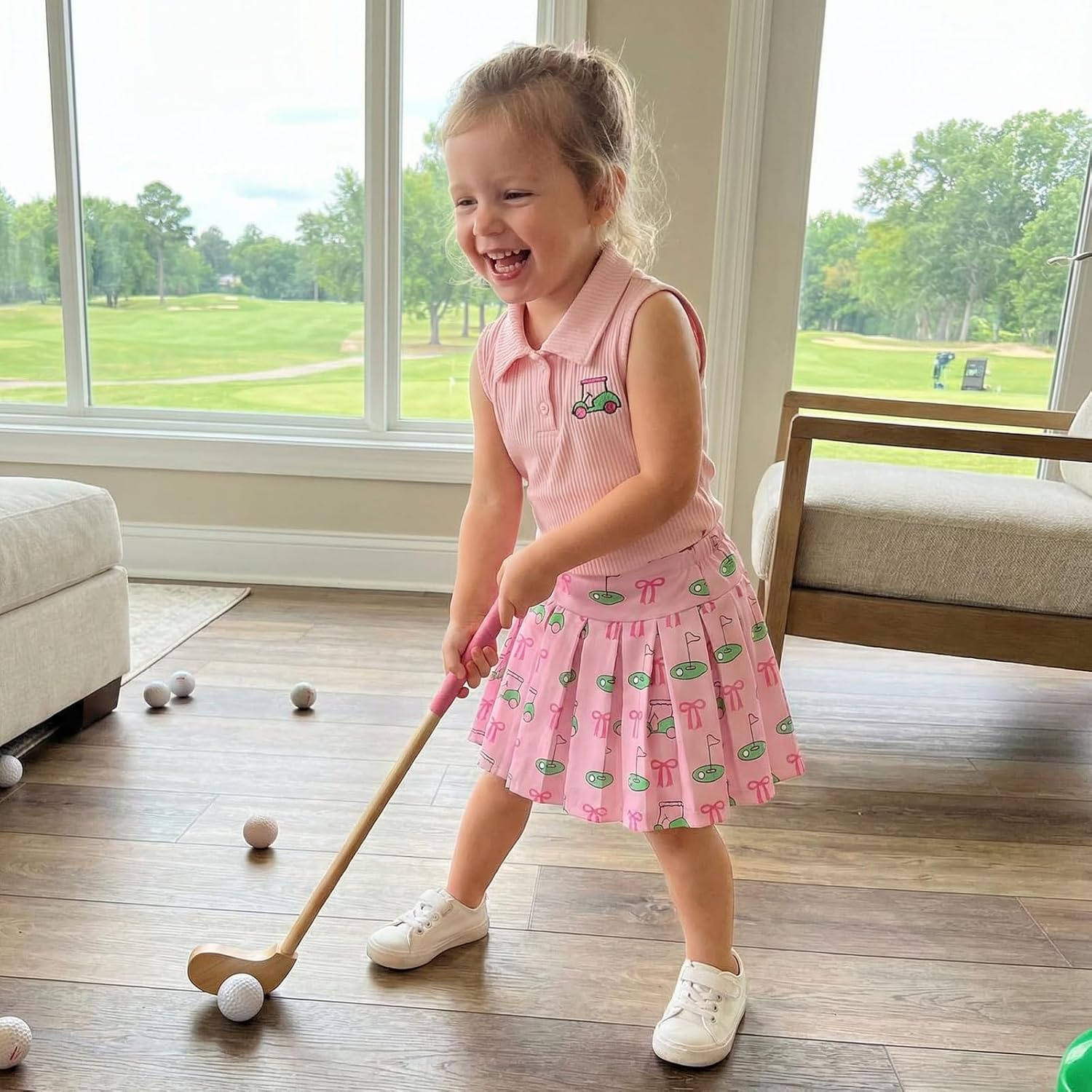 Toddler Baby Girl Golf Outfit Golf Sleeveless Polo T-shirt Tops Pleated Mini Skirt Set Cute Girl Summer Clothes