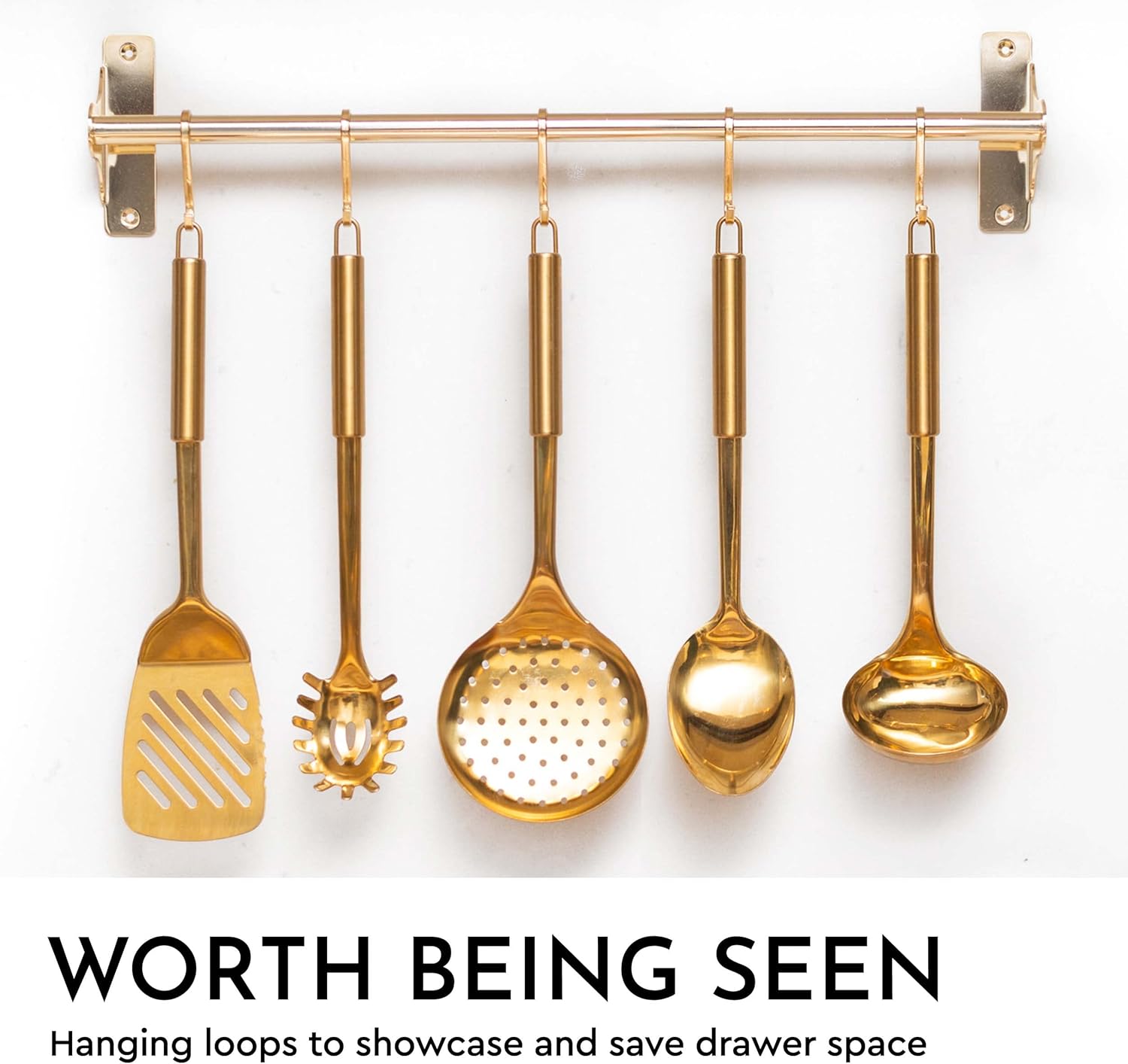 Gold Kitchen Utensils Set – 5-Piece Stainless Steel Kitchen Tools for Modern Cooking and Serving – Dishwasher Safe Ladle, Spoon, Spatula, Pasta Fork, Luxury Brass Kitchen Accessories for Home Chefs