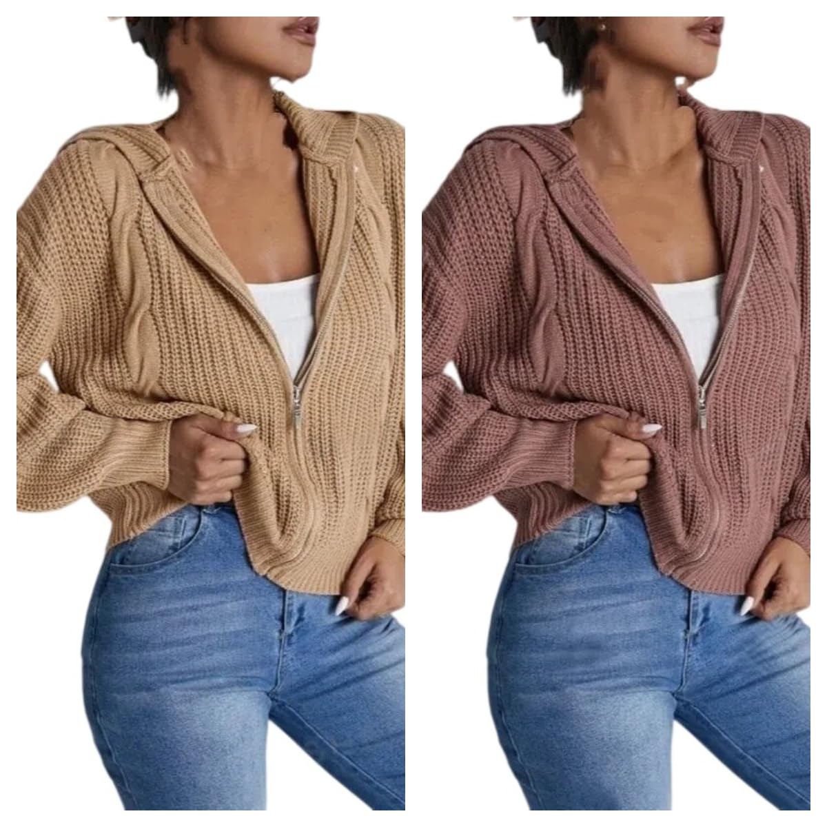 Cardigan Femme, Gilet Court À Capuche pour Femme, en Maille Torsadée, Manches Bouffantes, Fermeture Éclair Intégrale, Veste Cardigan Décontractée, Manteau Confortable À Superposer pour L'Autom