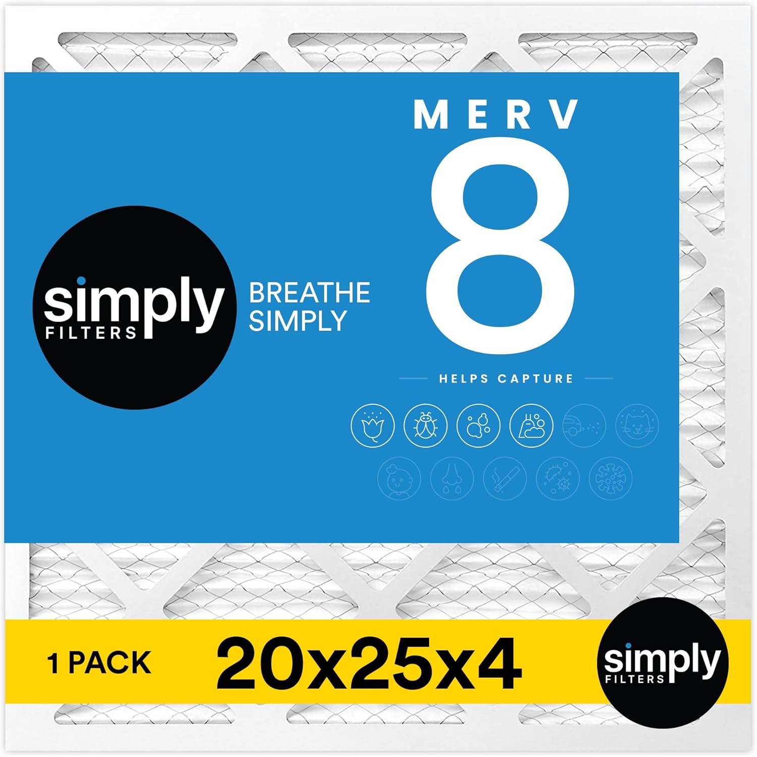 Simply 20x25x4 Air Filter, MERV 8, 1 Pack, Furnace Air Filter for HVAC (Actual Size:19.5"x24.5"x3.63") DUST, Pet, & Allergy Control