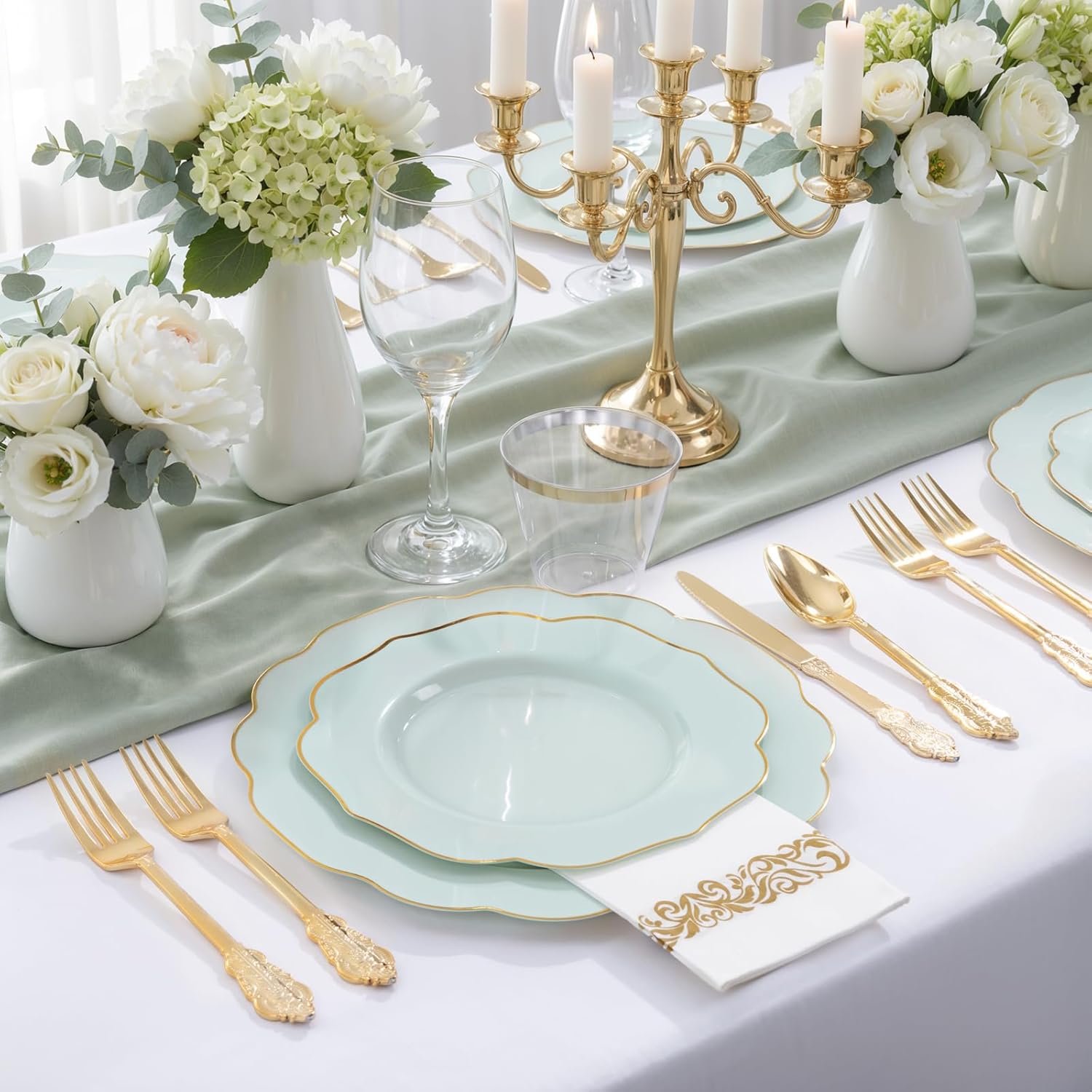 NOCCUR 175PCS Sage Green Plastic Plates with Gold Disposable Silverware - Include 50 Green and Gold Plastic Plates,25 Knives,25 Forks,25 Spoons,25 Cups and 25 Napkins - Ideal for Wedding/Spring Party - Image 4