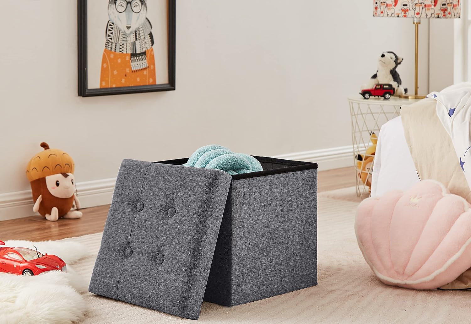 Zedelmaier Sitzhocker mit Stauraum, Fußhocker, Sitzwürfel, Sitzbox, Ottoman, Fußbank Truhen Aufbewahrungsbox faltbar belastbar bis 300 kg, Leinen, 38 x 38 x 38 cm (Dunkelgrau)