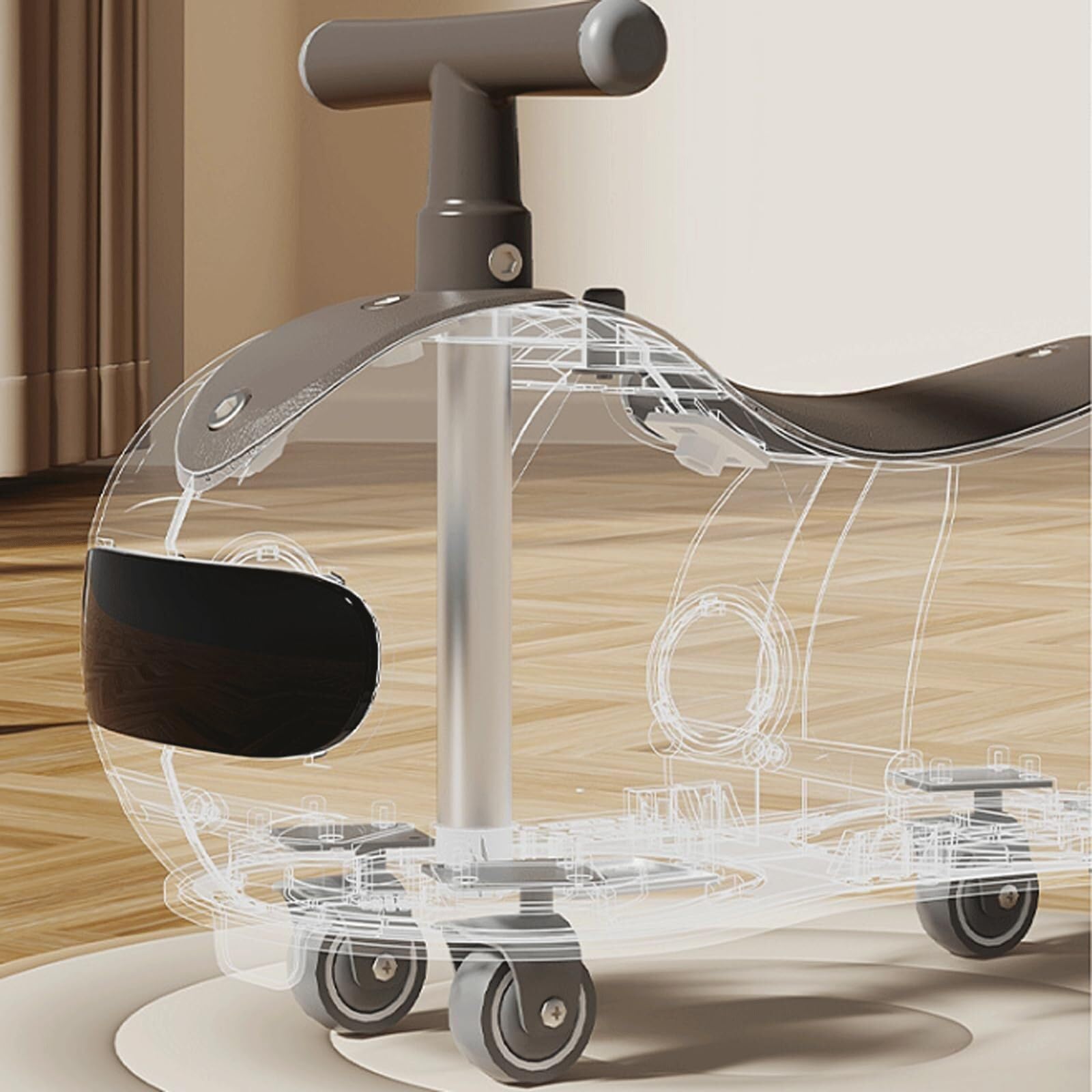 Samochód na biegunach, Wiggle Car Peanut Shape Music Light Huśtawka Samochody dla dzieci Cicha lampa błyskowa z plecakiem na kask Swing Card(Grey,With Helmet backpack)