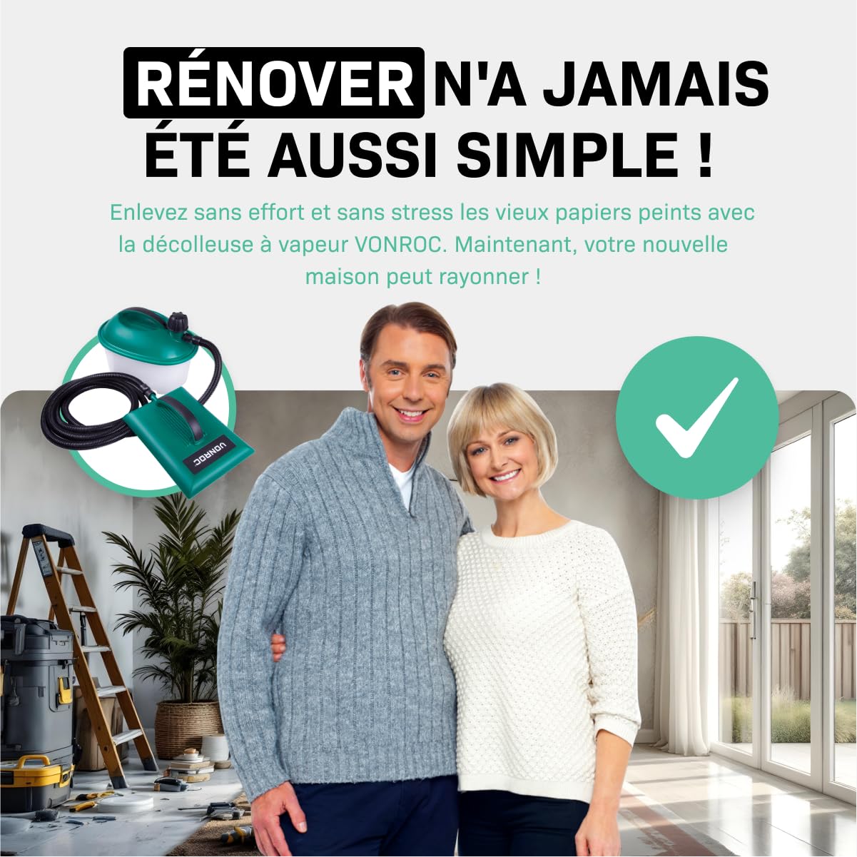 VONROC Décolleuse Papier Peint 2000 W – Réservoir 4,5 L, Autonomie 75 min – Tuyau 3,5 m – Plaque Vapeur avec Poignée - Décoller Papier Peint Murs – Décolleuse Murale pour Rénovation - Couleur Verte