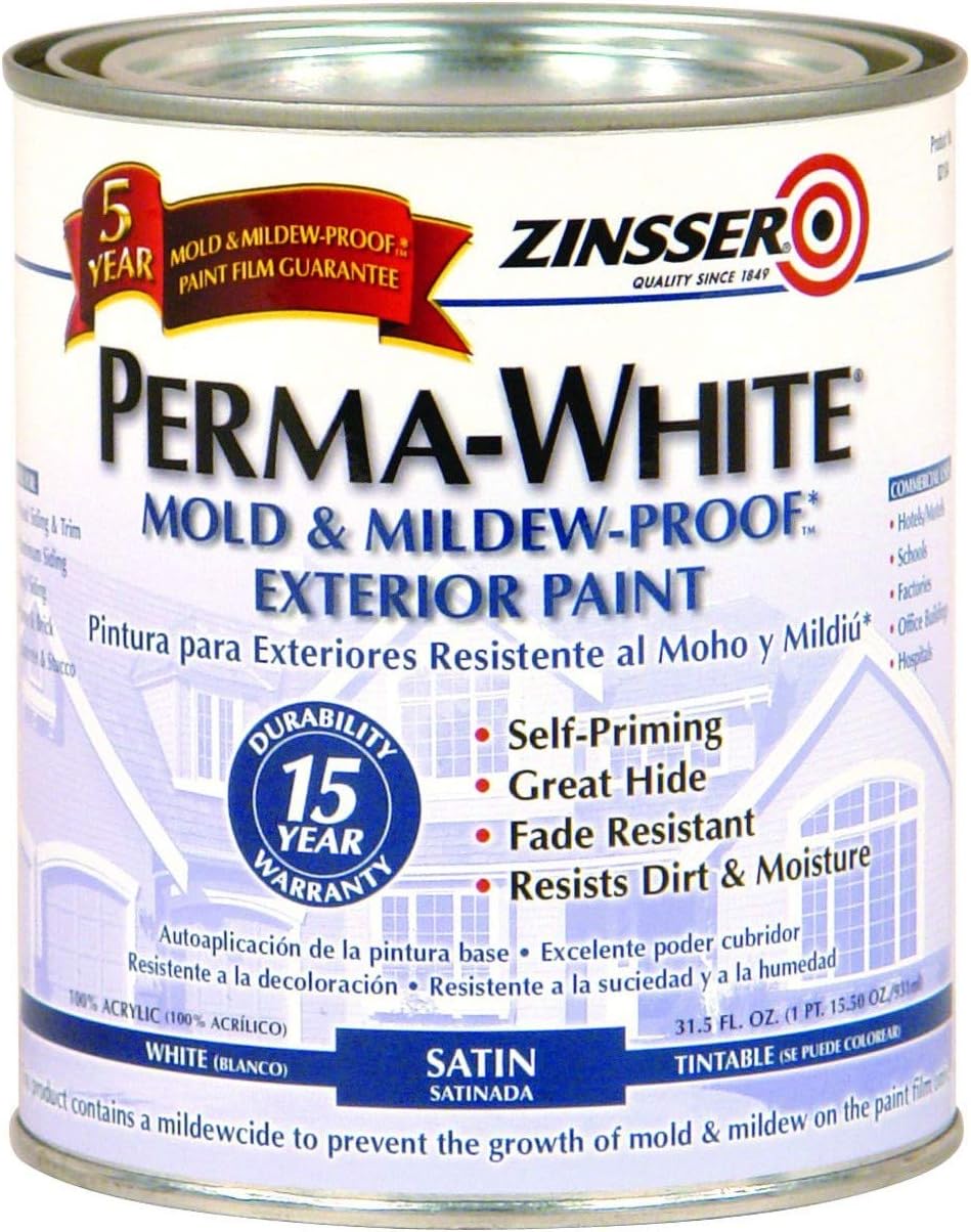 RustOleum 3104 Zinsser 1Qt. PermaWhite Exterior Satin House Paint