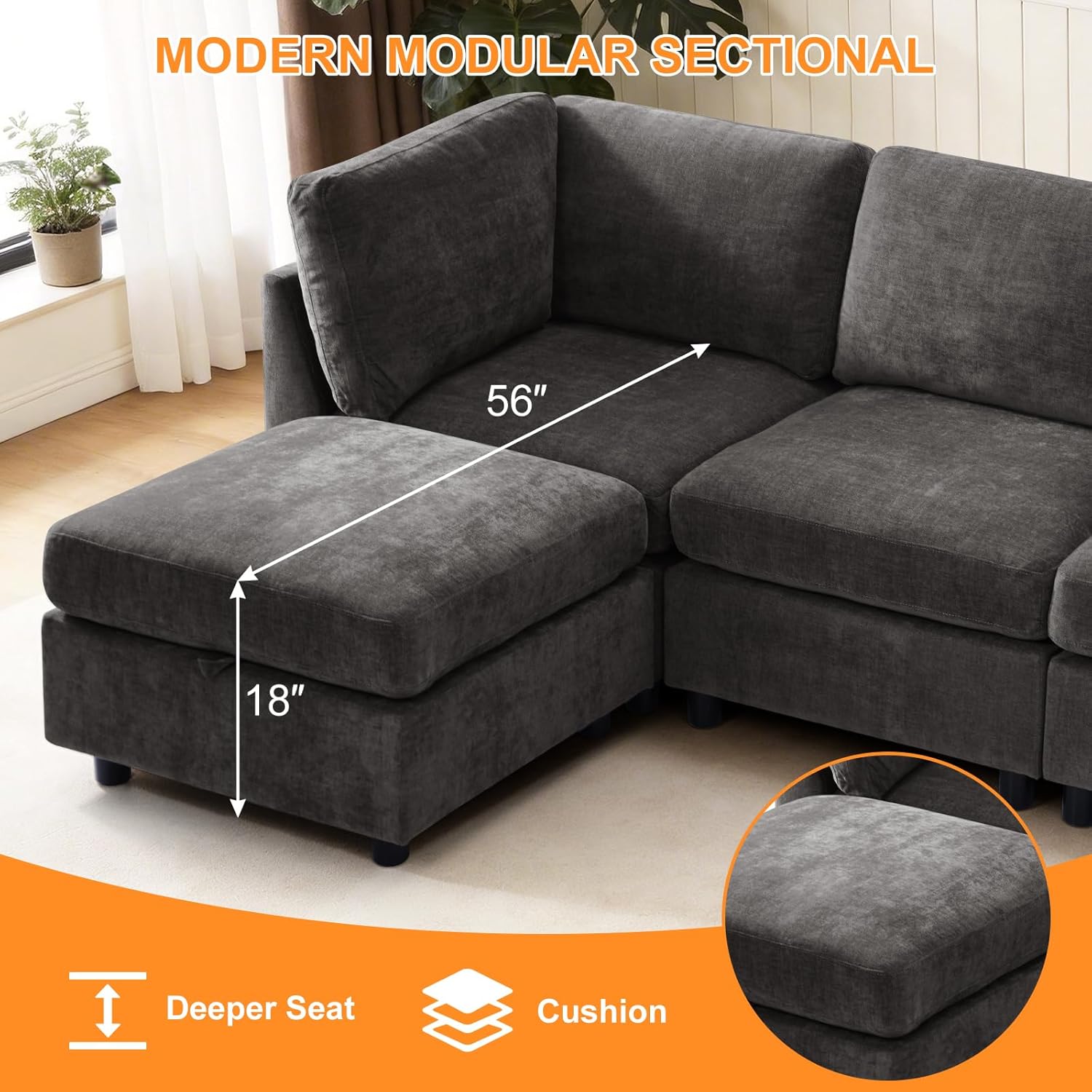 TEKAMON 122" Modern Sofa Modular Sectional Couch, 4-Seat Chenille Deep Seat Sofa for Living Room, Bedroom and Apartment, Dark Grey | High-Res Foam, Flexible Layout, Sturdy Wood Frame, Easy 30-Min Assembly, Warranty & Support