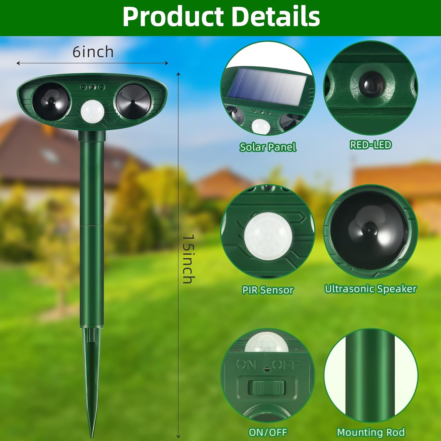 4Pack Solar Ultrasonic Animal Repellent Outdoor Deer Repellent Devices Motion Detection for Squirrel Raccoon Rabbit Dog Cat Deterrent Keep Rodent Chipmunk Away from Yard Lawn