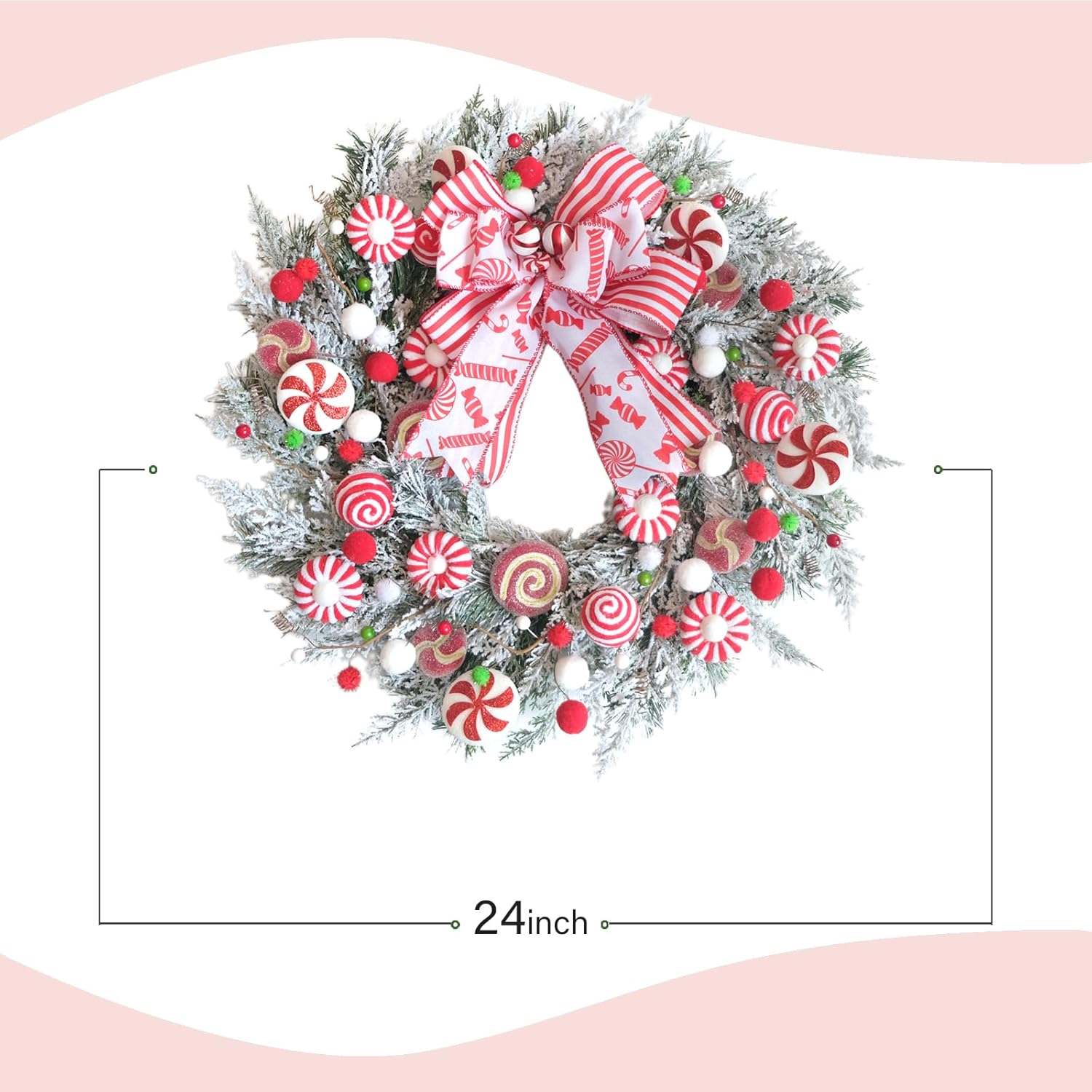 TEMPUS 24 Inch Artificial Frosted Pine Christmas Wreath for Front Door with Pom-Poms, Candy Canes & Bow, Indoor Outdoor Wall Window Home Holiday Decor - Image 3