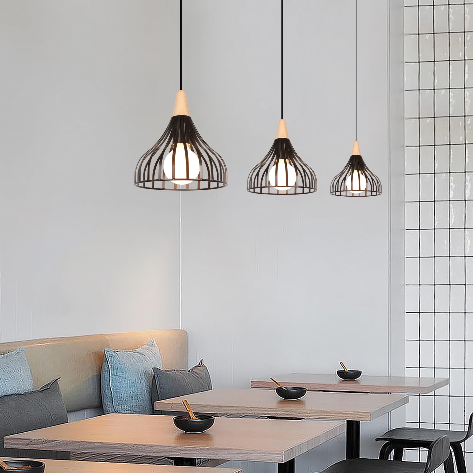 iDEGU Lot de 2 Suspension Luminaire Vintage Plafonnier Abat-jour de Cage Lustre Industriel en Métal Bois Lampe Suspension Rétro pour Salon Chambre Cuisine Salle à Manger Restaurant (Noir 20cm)