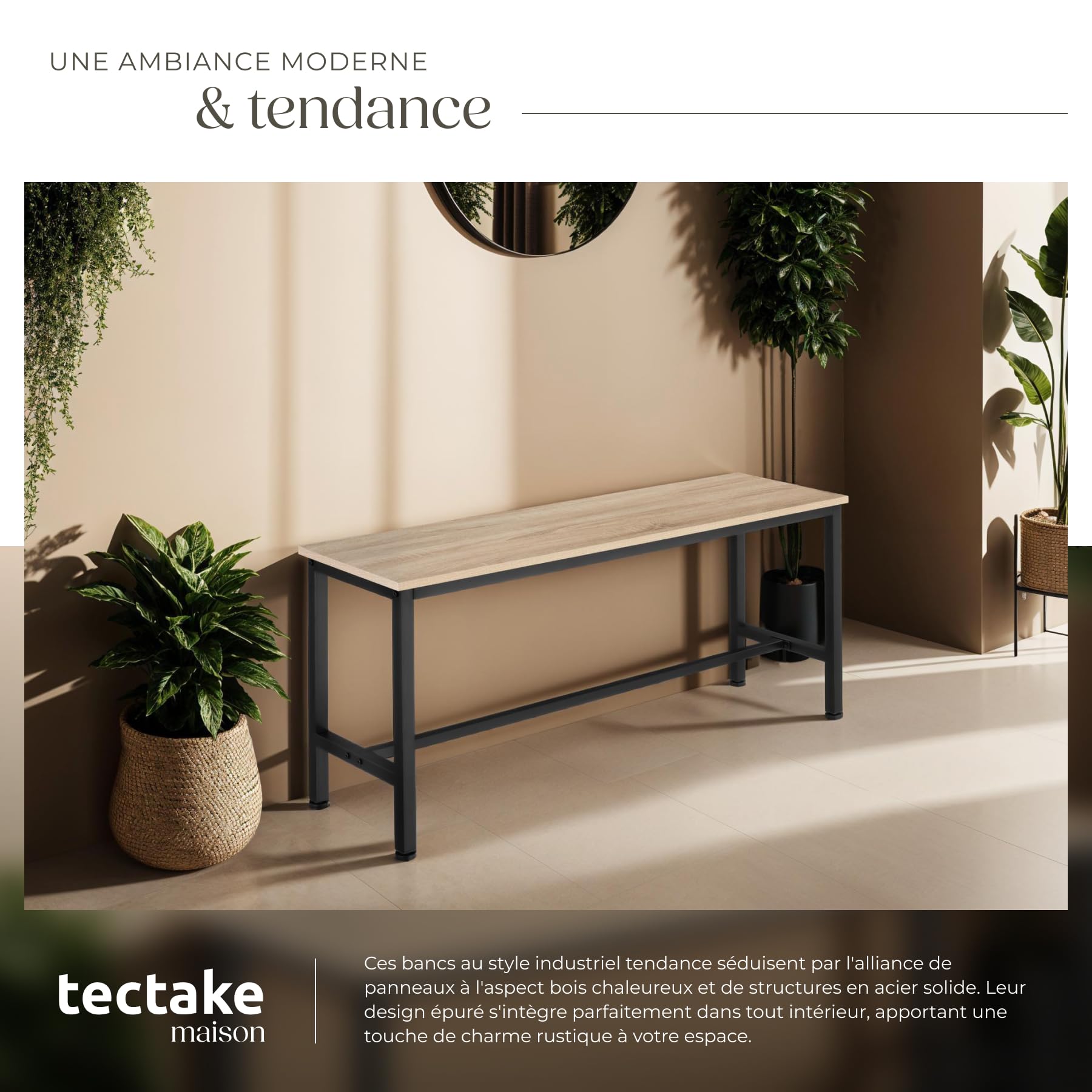 TecTake® Lot de 2 Banc de Salle à Manger Cuisine en Bois et Acier Style Industriel 108x32,5x50 cm Scandinave Meuble Cuisine Meuble Salon Meuble Salle a Manger Meuble entrée Meuble Chambre
