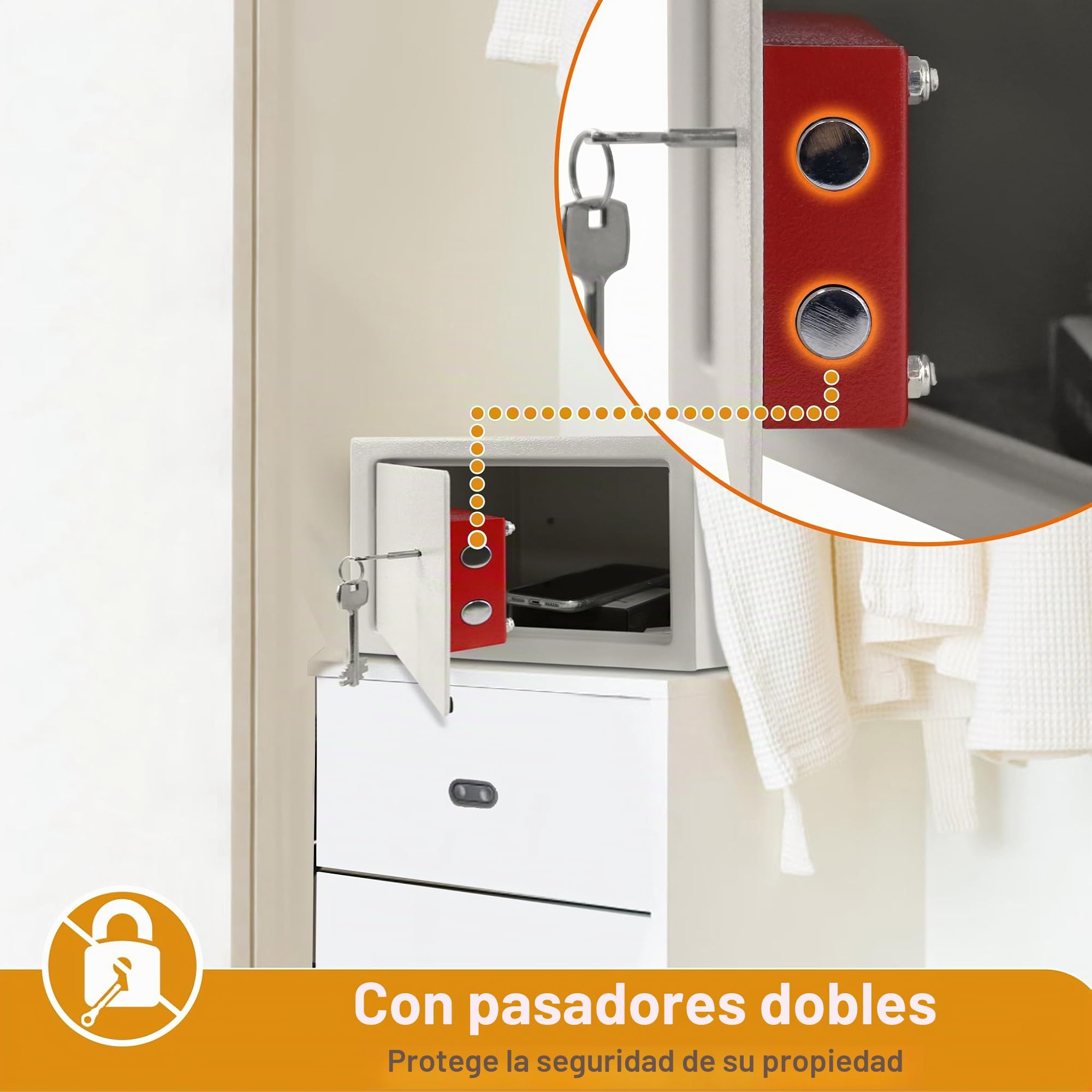 Froadp Caja Fuerte para Muebles con Cerradura de Doble Paleta, 2 Llaves y Tornillos de Fijación Caja de Seguridad para Pared, Casa, Hotel y Objetos de Valor, Plata (L - 31 x 20 x 20 cm)