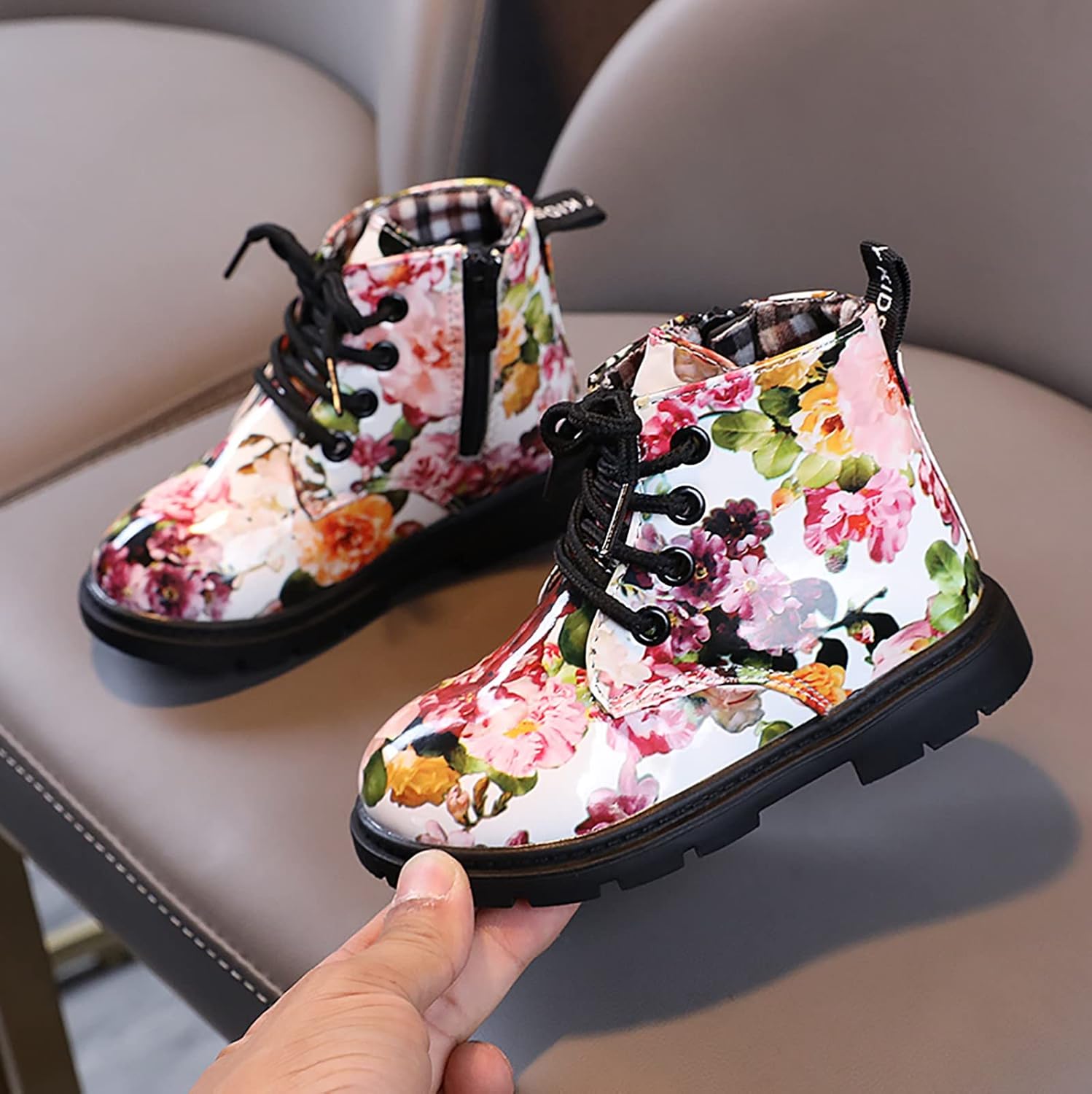 Toddler Boots Boys And Girls Waterpoor Ankle Boots Side Zipper Booties Floral Print Short Boots Black Jazz Shoes