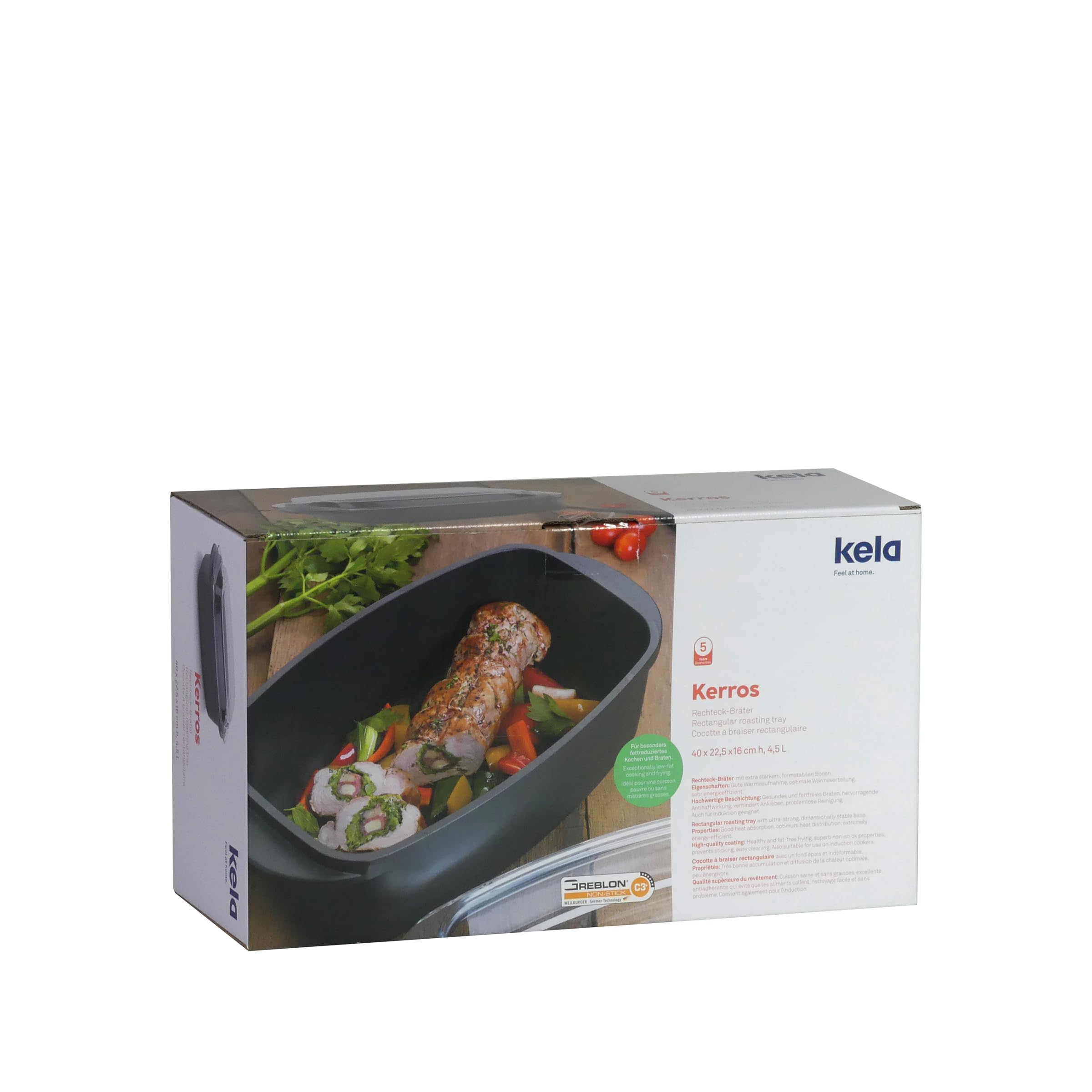 kela Teglia con coperchio 4,5 litri, teglia rettangolare adatta all'induzione KERROS, rivestita in alluminio pressofuso, pentola adatta al forno