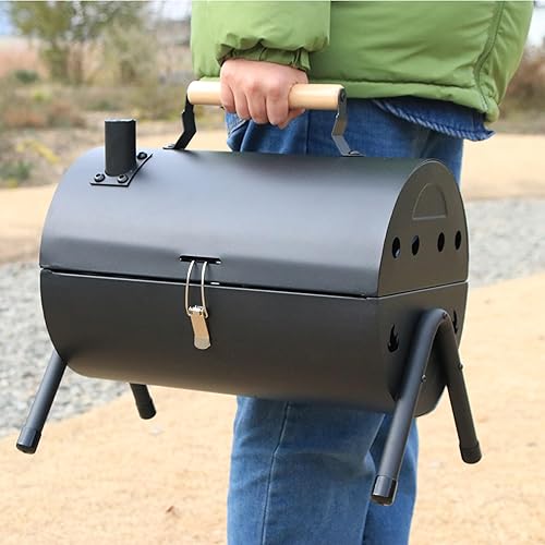 Miniatura 4 de Parrilla de carbón portátil, mini ahumador de barbacoa de barril para campamento al aire libre, picnic, patio, portón trasero, parrilla de acero