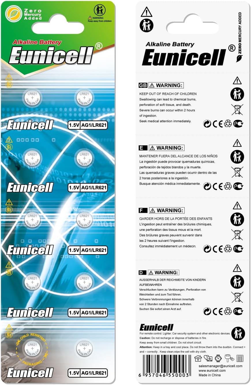 10 x AG1 Eunicell Alkaline Button Cell Batteries in Separated Blister Packaging - G1 LR60 LR621 SR621W 364