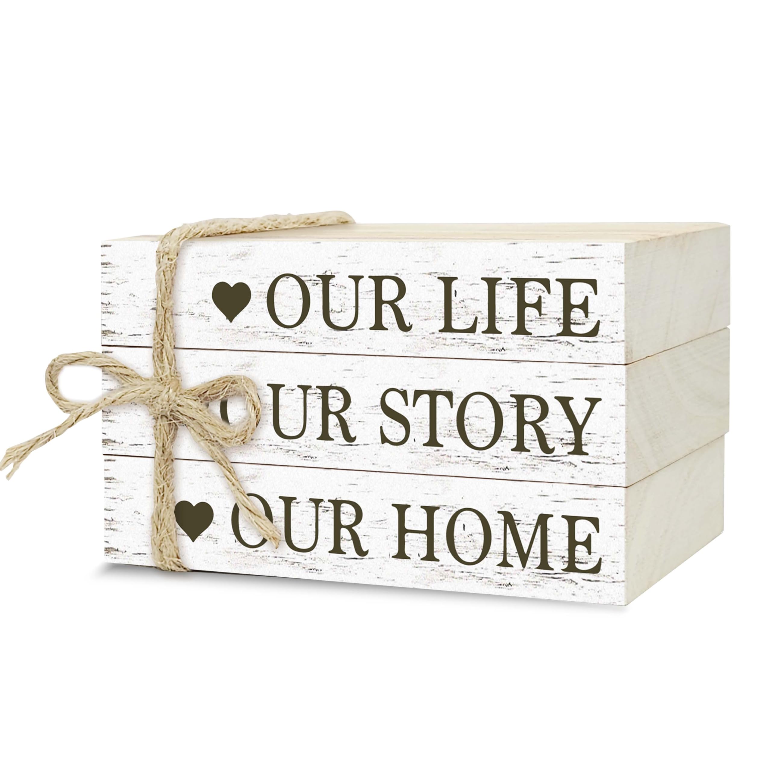 Decorative Books for Home Decor, Rustic Wood Book Stack for Table Decor, Our Life Our Story Our Home Decor Books for Living Room Bookshelf, Farmhouse
