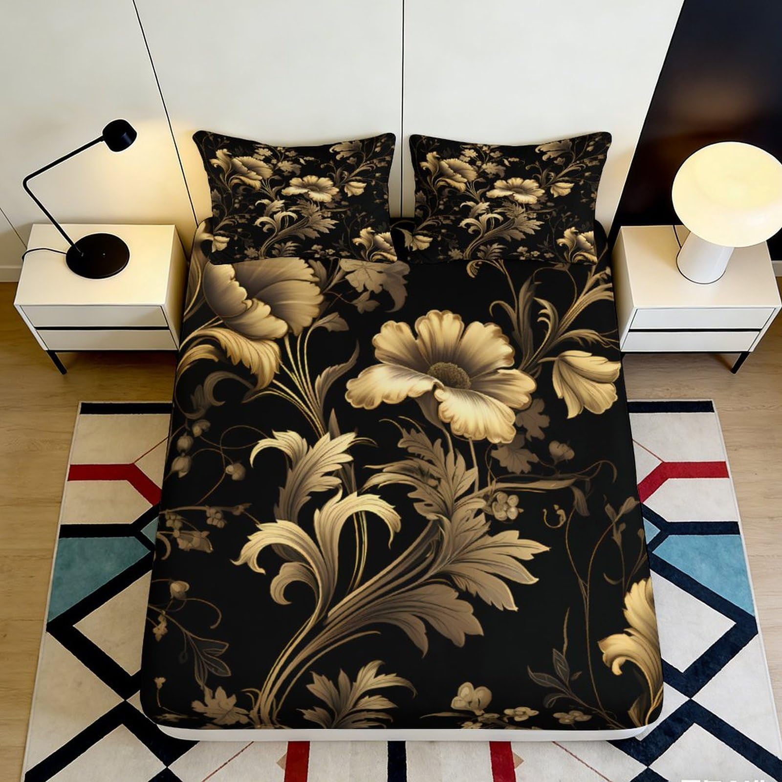 3D Printed Golden Floral Fitted Sheet Microfiber Soft Black Baroque Mattress Cover for Bedroom Guestroom Decor 120x200cm 160x200x25cm
