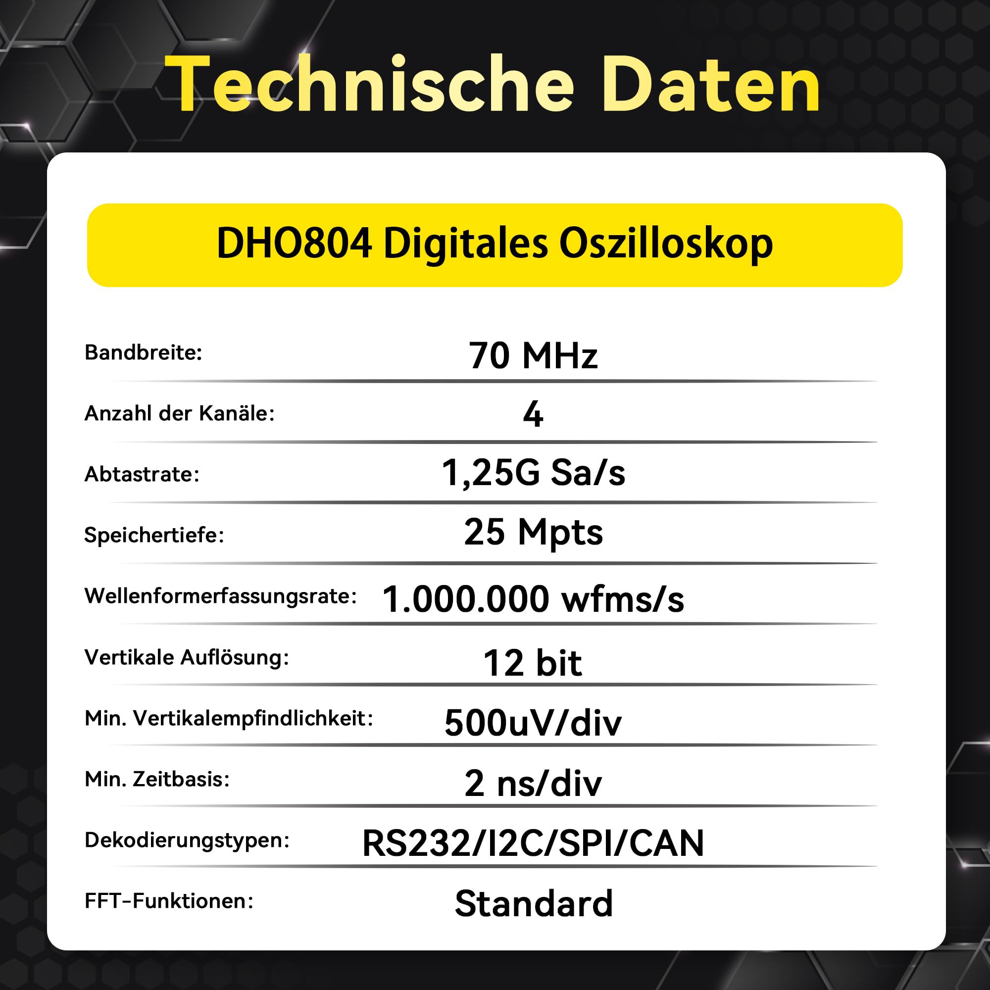 RIGOL Oszilloskop,DHO804 Tragbares Digitales Oscilloscope,70MHz Bandbreite,4 analoge Kanäle,12bit vertikale Auflösung,niedriges Grundrauschen,Unterstützung für mobile Netzteile
