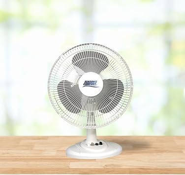 Seasons Comfort Oscillating Table Fan With Adjustable Tilt, 70 Degree Oscillation, Convenient Push Button Controls, Quiet, 12 Inch, 3 Speed, White Desk Fan - Fan for Home, Bedroom, Dorm & Office FTT12