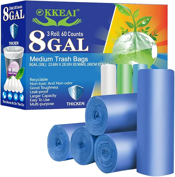 OKKEAI 8 Gallon Kitchen Trash Bags Blue Garbage Bags Strong 30L Trash Can Bags Medium Wastebasket Bin Liners for Home Office, Lawn,Bathroom,60 Count (Fits 7-10 Gallon Bins)