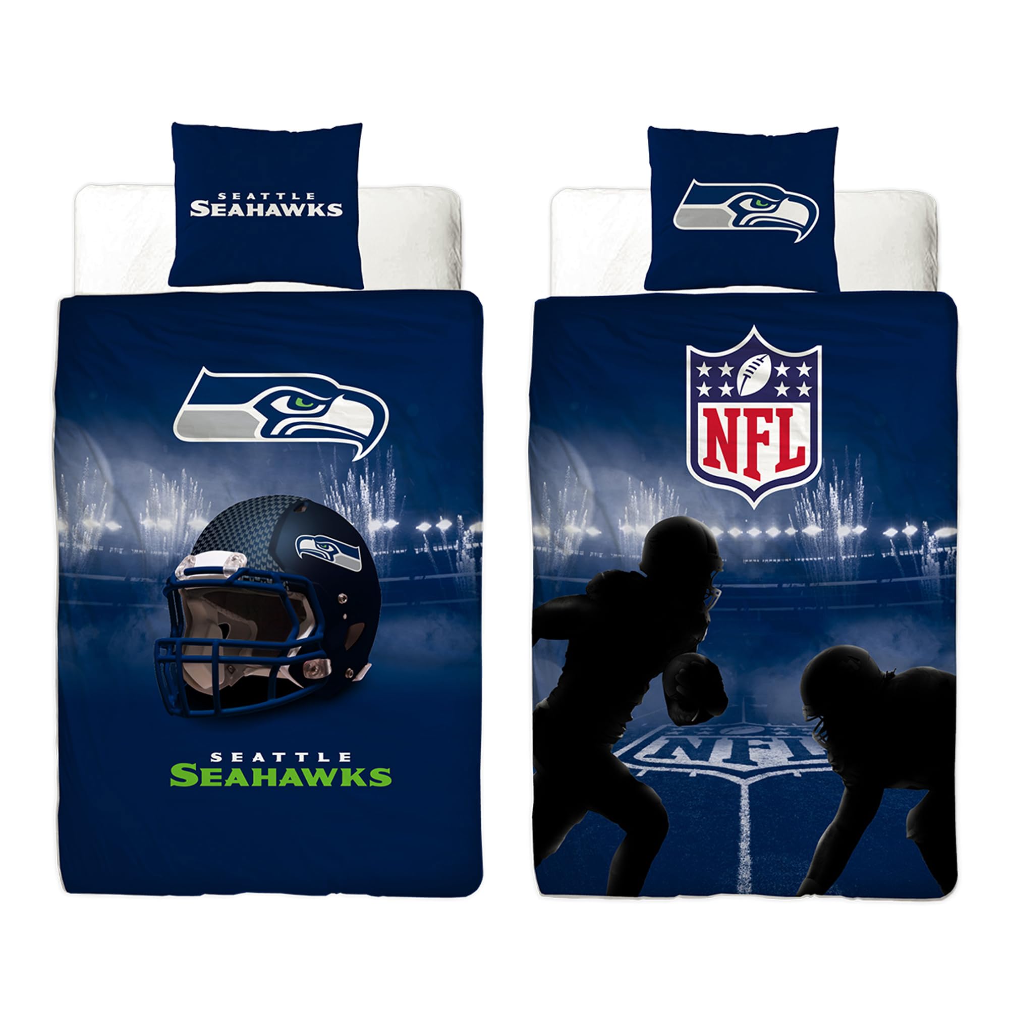 NFL Bettwäsche Seattle Seahawks 135 x 200 cm + 80 x 80 cm 100% Baumwolle Renforcé-Linon-Qualität Reißverschluss American Football Fan Super Bowl BOOM Lumen Field Blitz Wende-Bezug deutsche Größe