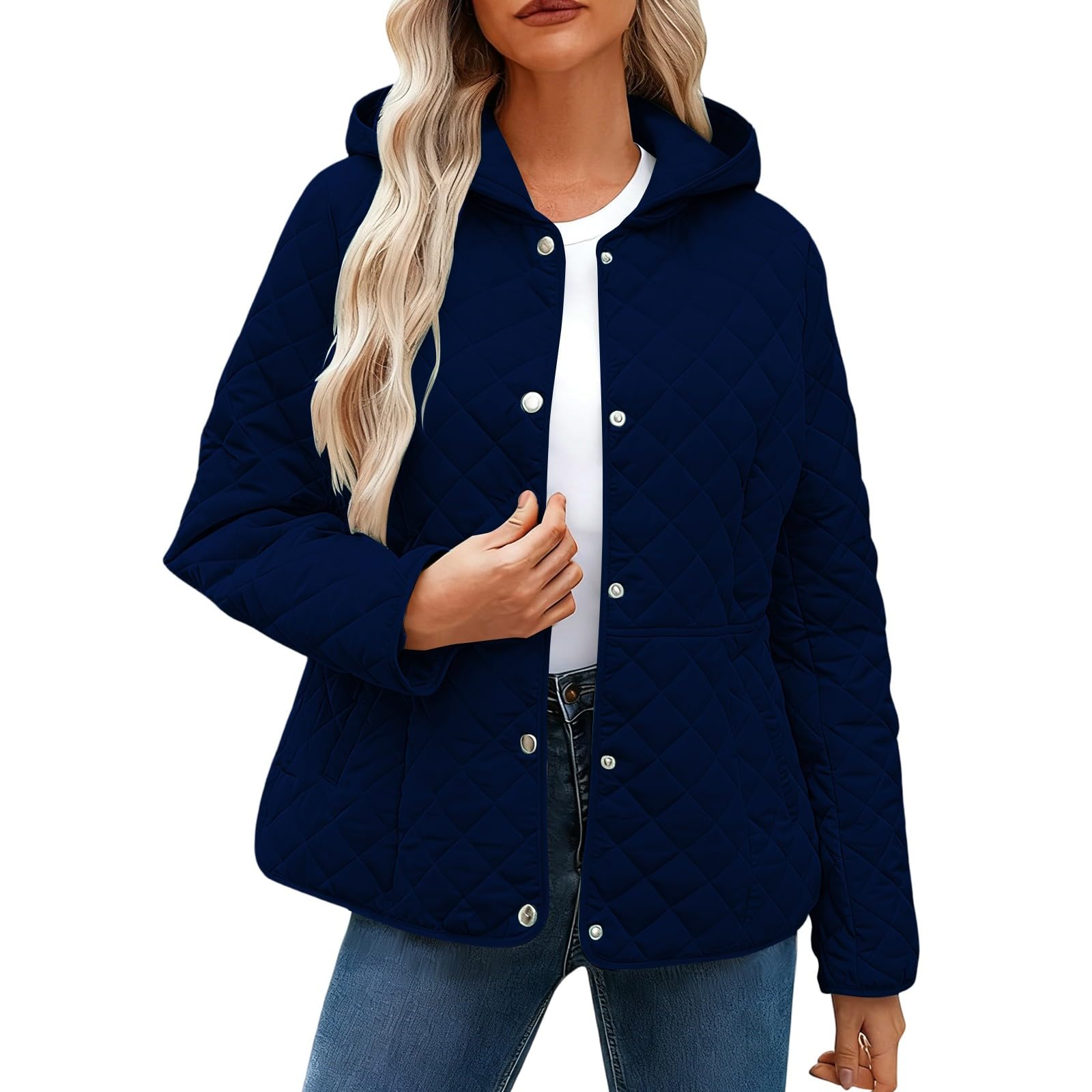 HAOLEI Chaqueta Acolchada Mujer de Invierno Chaquetas Ligera con Capucha Casual Abrigo Acolchado de Manga Larga con Botones Color Sólido Cómoda Cazadora de Algodón Termico Moda Outwear con Bolsillos