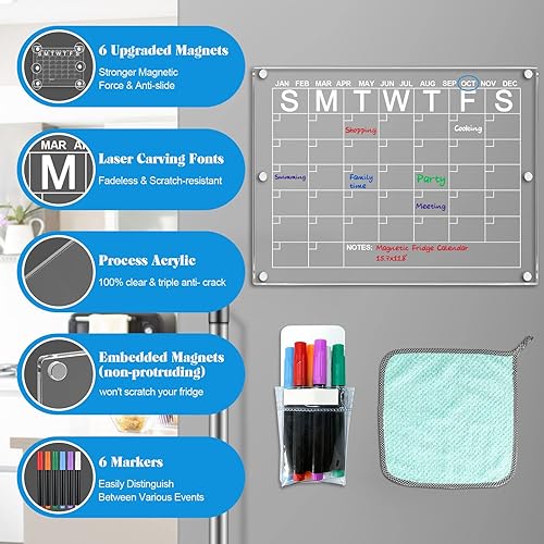 Miniatura 2 de Calendario magnético acrílico para refrigerador y tablero de notas, refrigerador, pizarra mensual de borrado en seco, pizarra blanca de