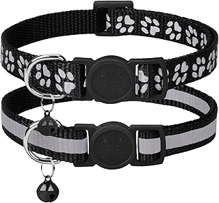 Taglory Reflektierend Katzenhalsband mit Sicherheitsverschluss und Glöckchen, 2-Stück Verstellbar Halsband Katze Kitten, 19-32cm Schwarz product image