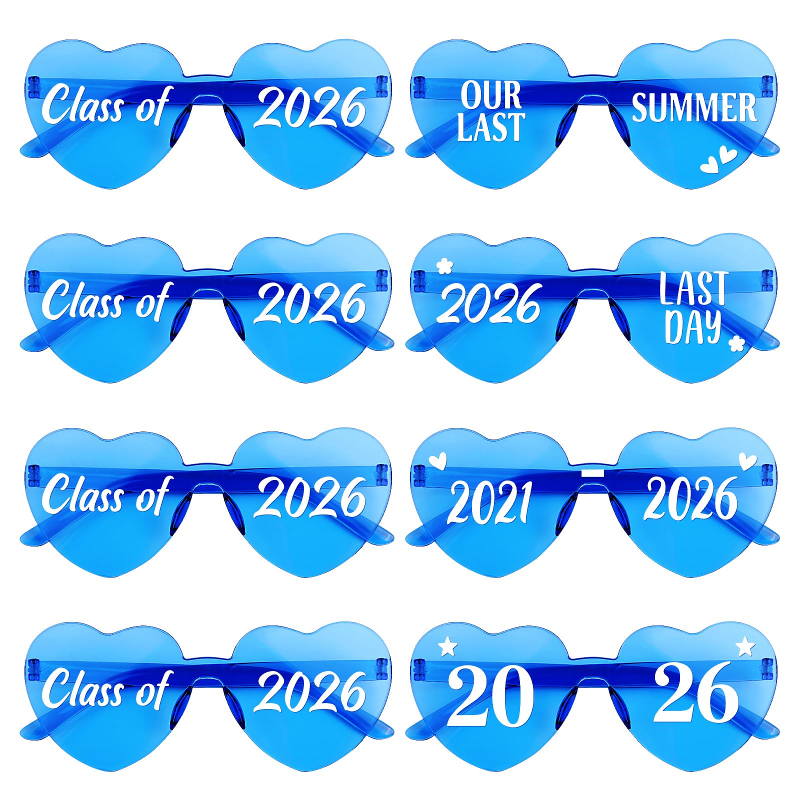 DOORIO 8 Pack Class of 2026 Glasses, 2026 Graduation Party Sunglasses Bulk Heart Shaped Prom Party Favours 2026 Graduation Gifts (Class of 2026, Blue)