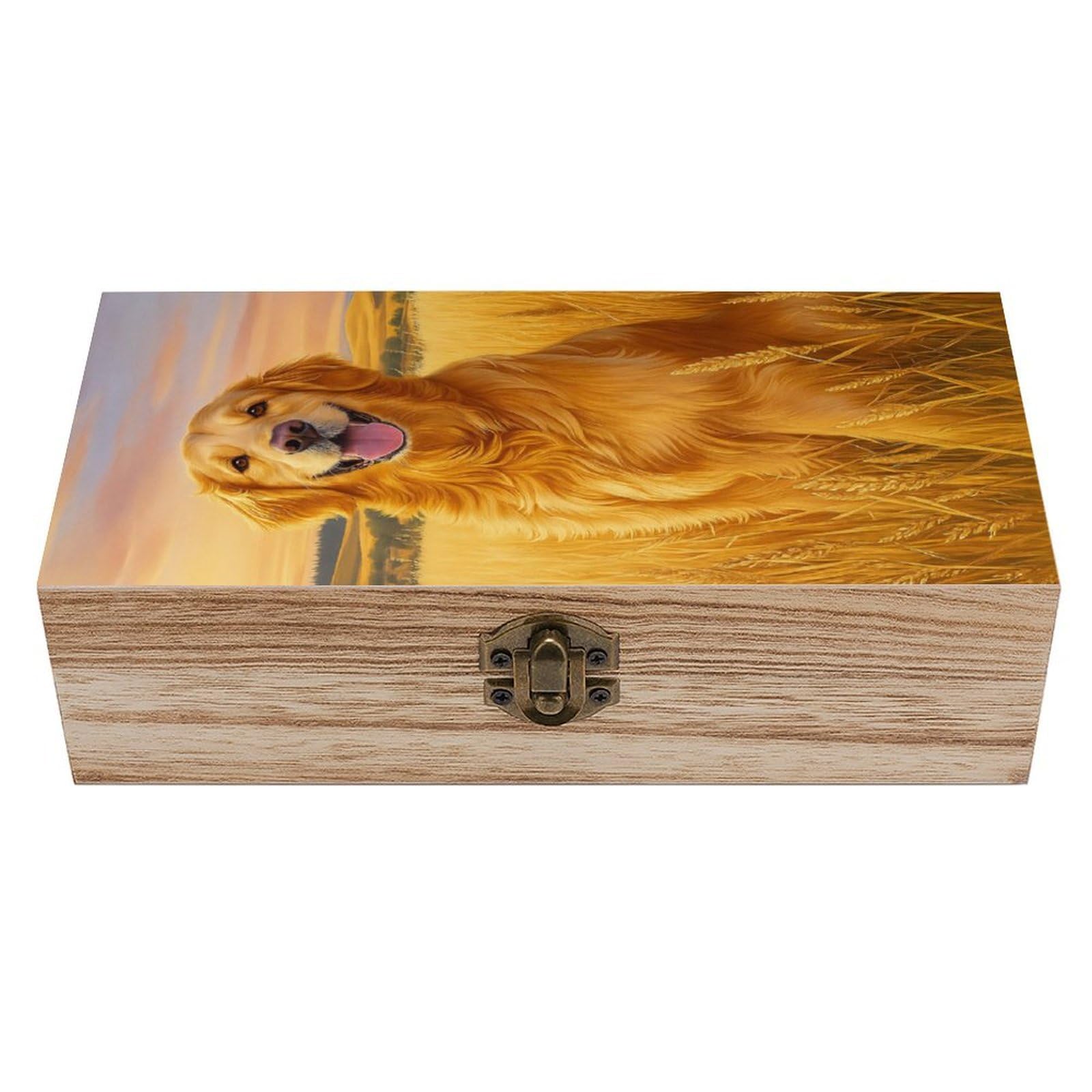 HLBSDM Golden Retriever Sunlit Wheat Field Wooden Storage Vintage Keepsake Decorative Boxs