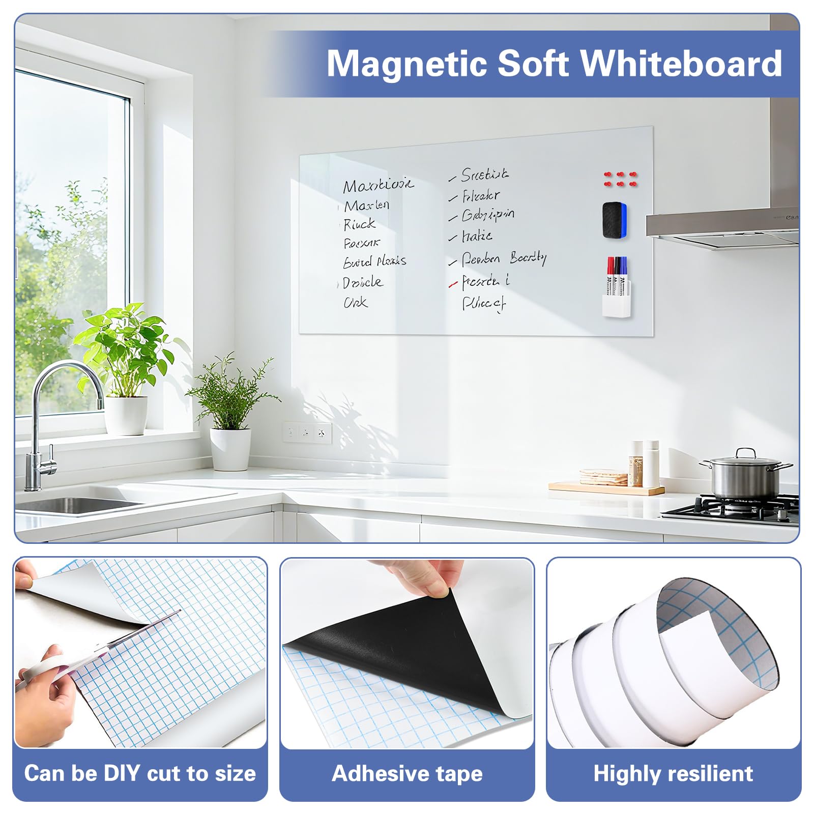 Whiteboard Folie 60x120 cm Magnetisch Selbstklebend Whiteboard Folie,Abwischbare DIY Magnetisches Enthält 4 Marker, 6 Magnete und einen Schwamm