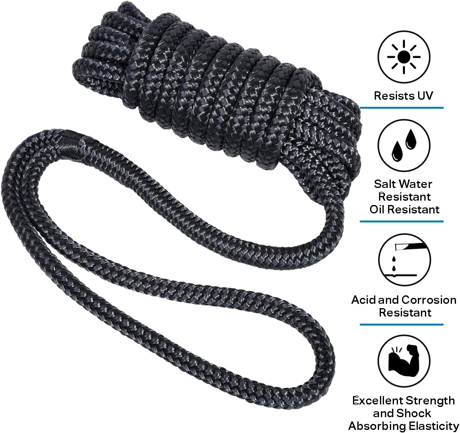 1/2” x 15' Marine-Grade Double-Braided Dock Line with 12” Eyelet.Hi-Performance Boat Rope Mooring Rope Dock Line (2 Pack, Black) - Image 2