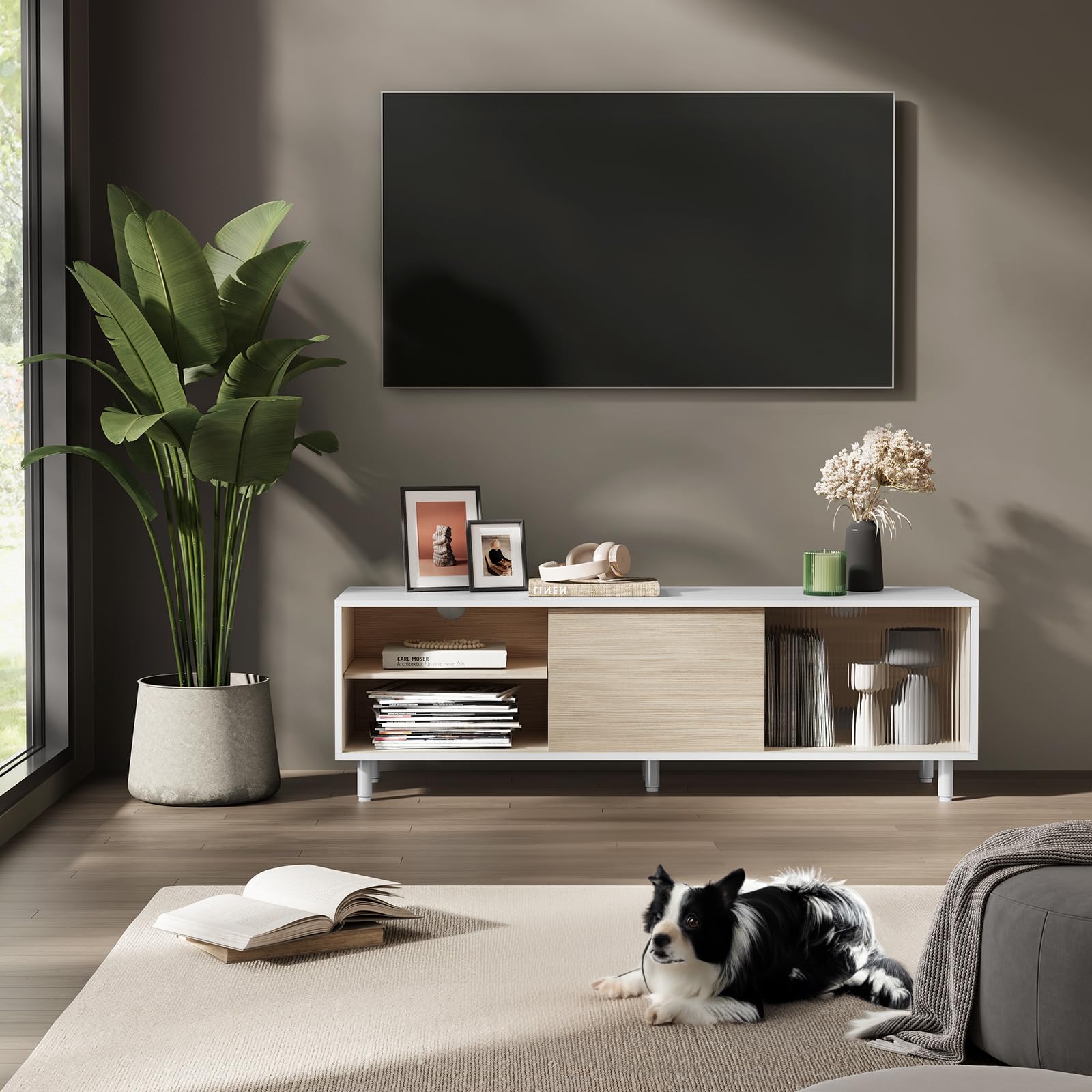 VASAGLE Superszybki, beznarzędziowy montaż, szafka RTV do telewizorów do 60 cali, szafka pod telewizor salonu, 140 x 39 x 45 cm, technologia beznarzędziowa, chmura biało-naturalny beż LTV466W01