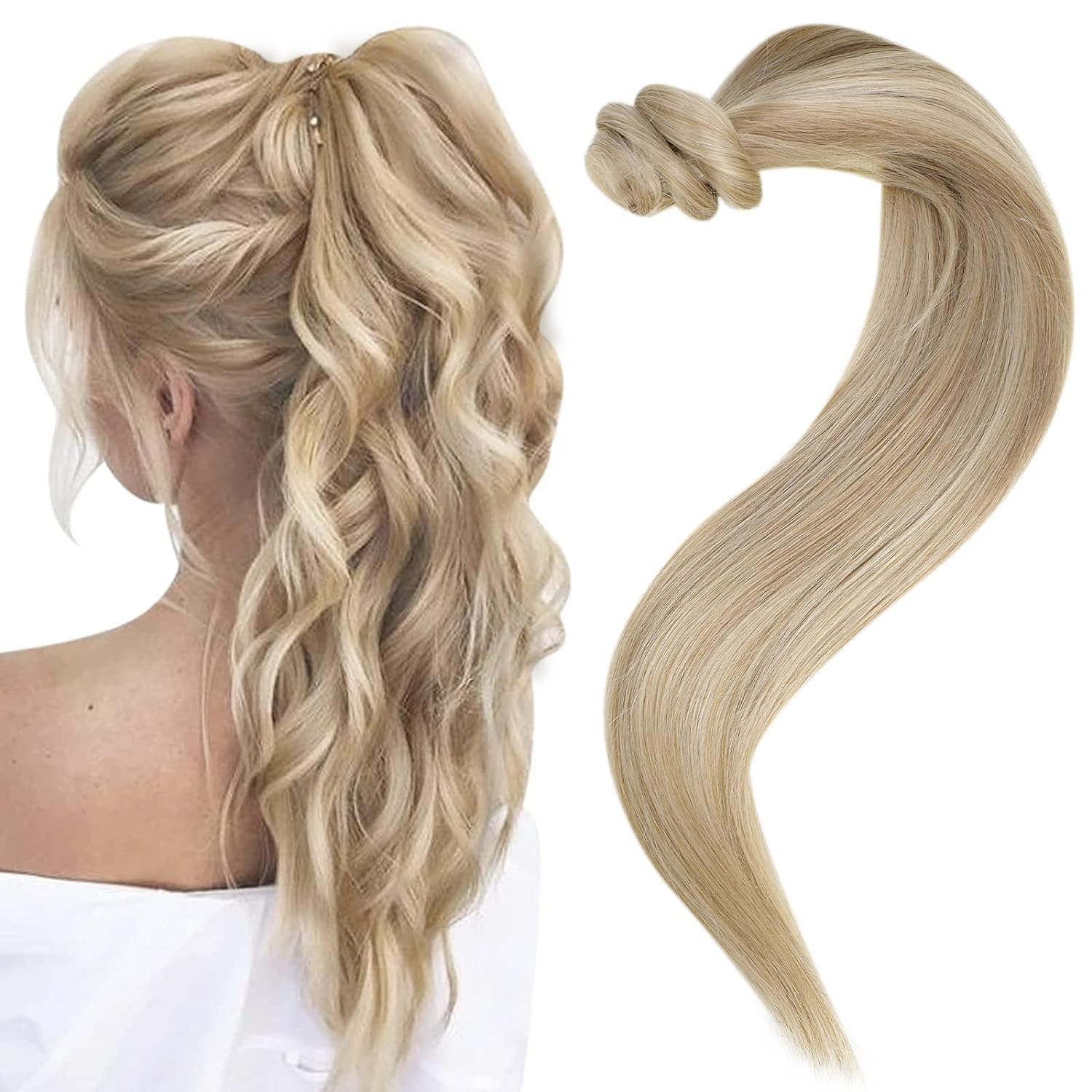 Easyouth Zopf Echthaar Extensions Blond Pferdeschwanz Extensions Echthaar Golden Blonde Highlight Mittelblond 30 cm 70g Zopf Extension Haarverlängerungen Glatt #16P22