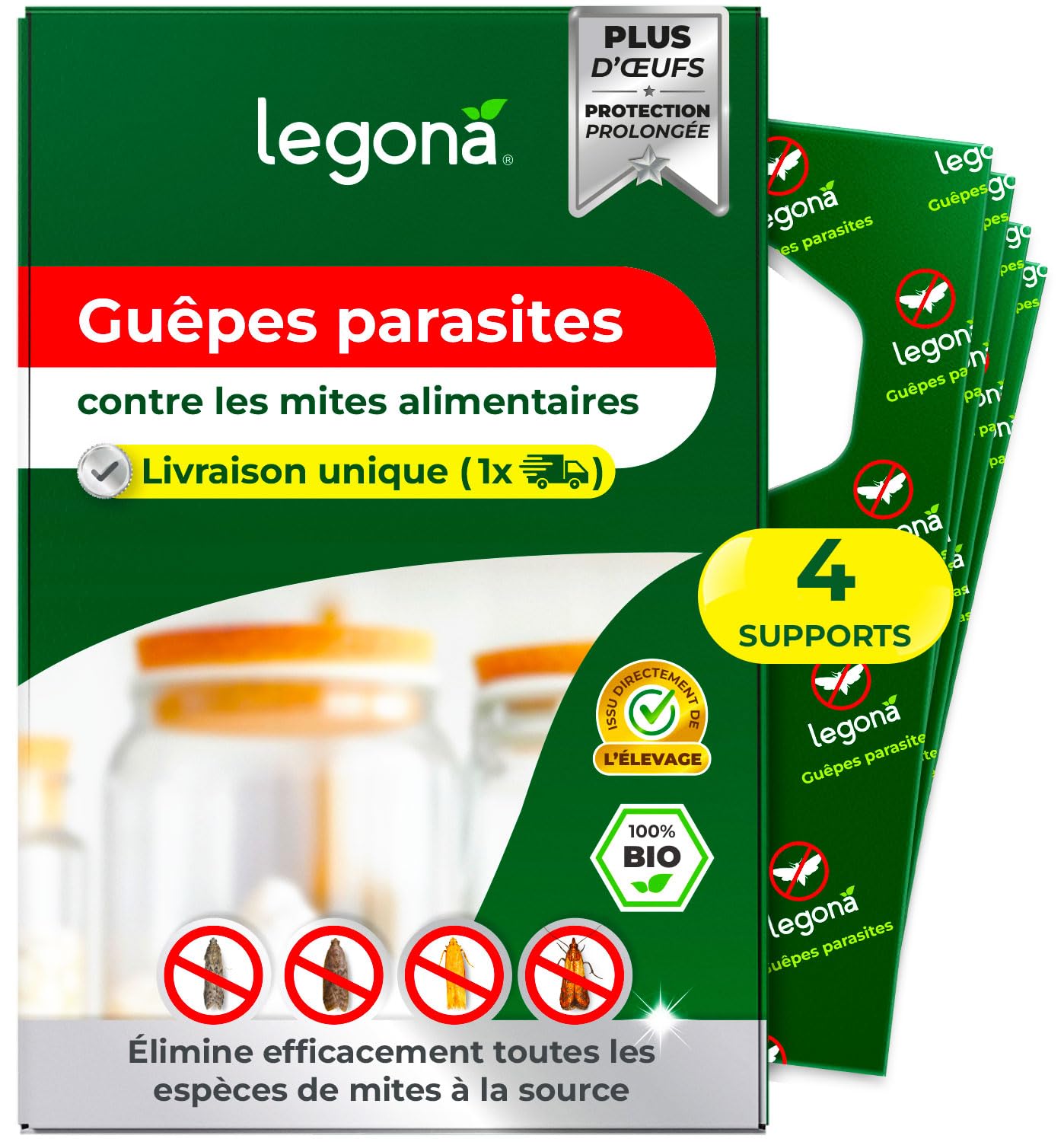 Legona Trichogrammes Anti Mites Alimentaires - 4 Cartes à 1 Livraison - Anti-Mites Naturel - Puissant Produit Contre Les Mites