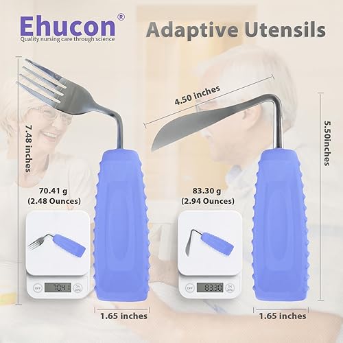 Miniatura 6 de Adaptive Utensils - Cuchillo y tenedor en ángulo para temblores de manos, parkinson, utensilios pesados con asas antideslizantes de fácil agarre