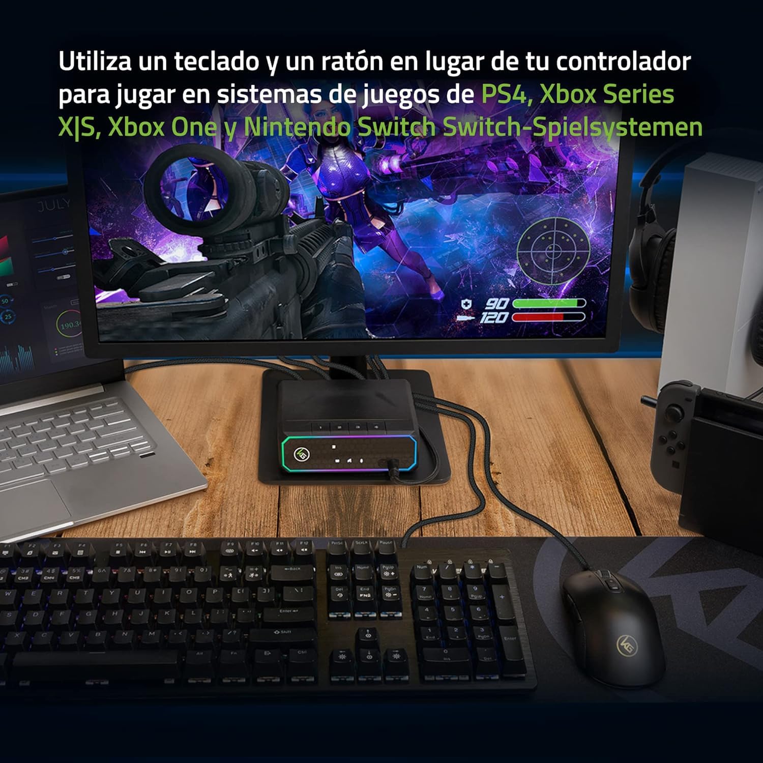 IOGEAR Keymander Nexus Gaming KVM Switch, 3 Consolas o PC comparten Teclado, Mouse y un Monitor, HDMI 4K a 60 Hz, DAC para Juegos Integrado, Audio de 3,5 mm, iluminación RGB Personalizable, USB 3.0