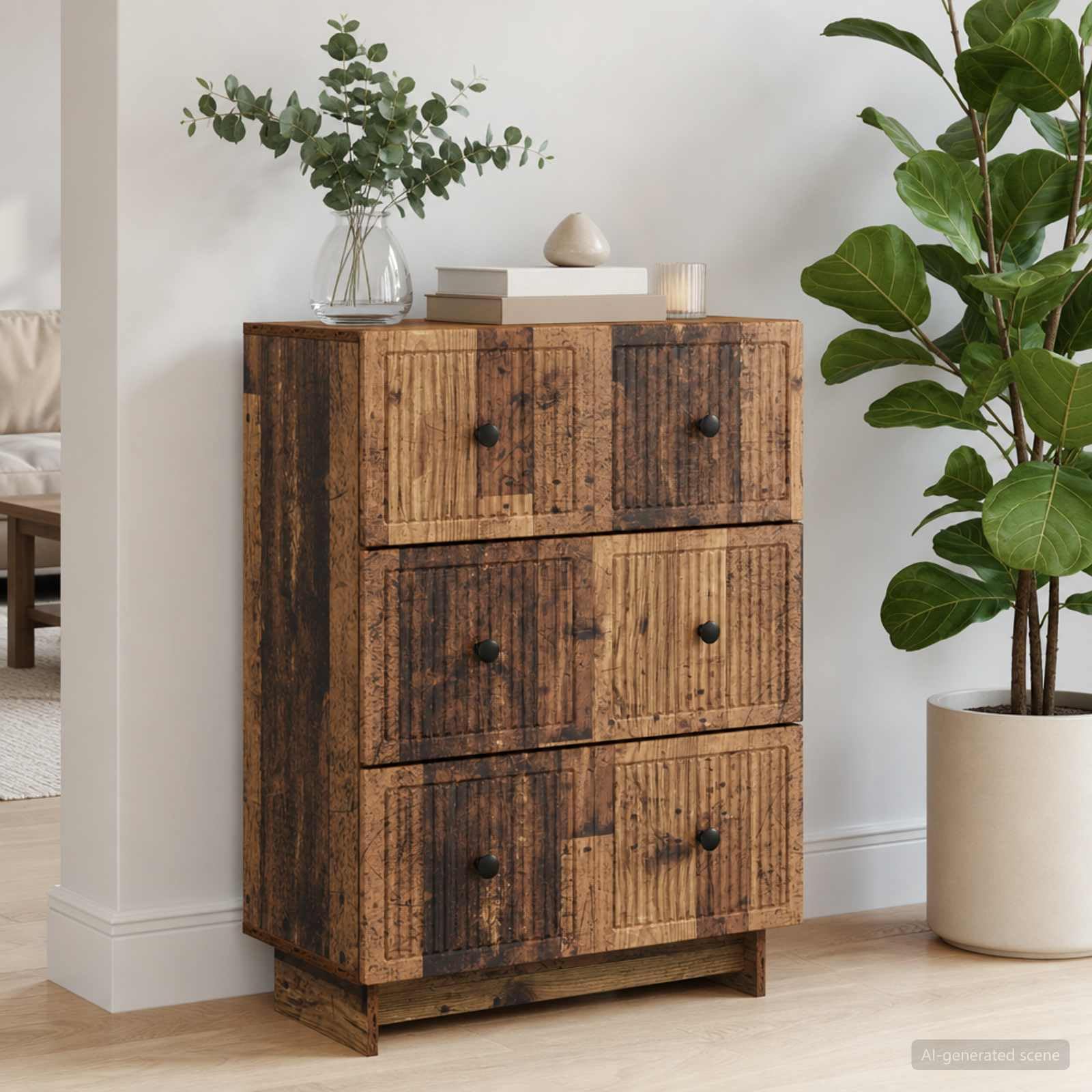 Cassettiera in legno anticato, 66 x 34,5 x 90 cm, 3 cassetti, per ufficio e soggiorno, per ordine e spazio