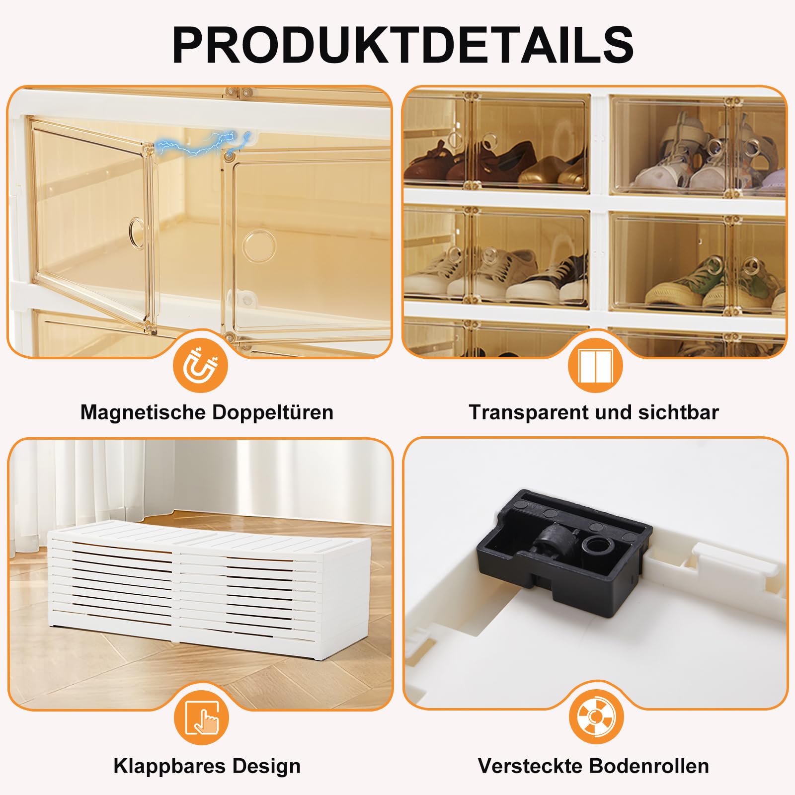 Klappbarer Schuhhalter, 9 Stufe 36 Doppel-Klappschrank, Transparent Stapelbarer Schuh-Aufbewahrungskasten, Magnetsaugtürrahmen mit Rädern, weiß