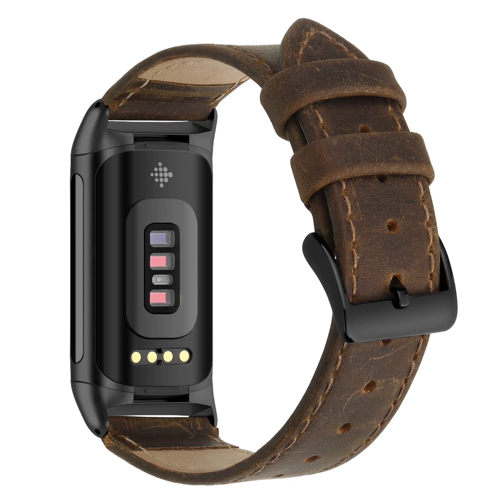 Tuocal Genuine Leather Strap Compatible with Fitbit Charge 5, Soft Breathable Replacement Sport Wristband for Women & Men, Retro Brown - Image 2