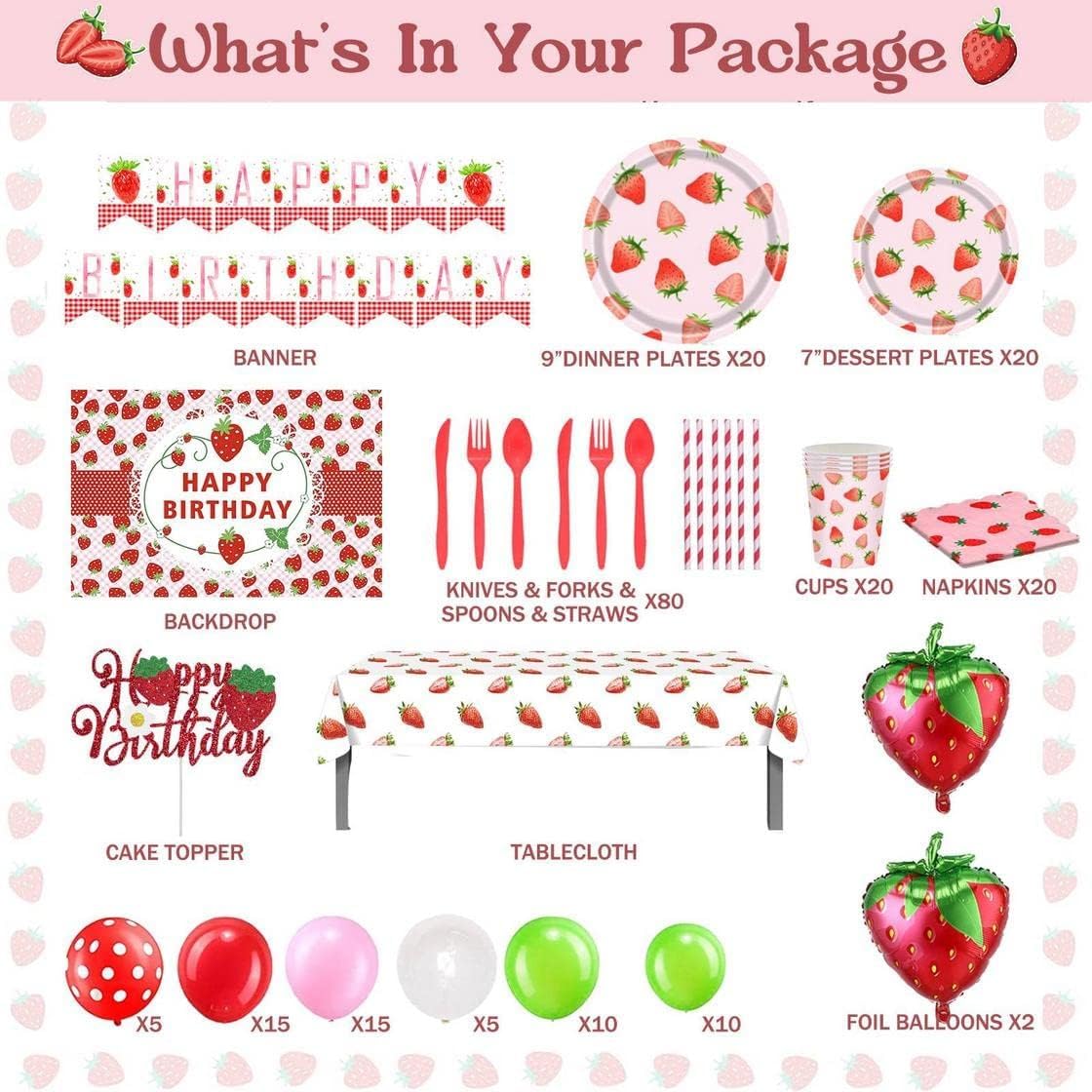 226 PCs Strawberry Birthday Party Decorations, Hombae Strawberry Supplies for Birthday Party Backdrop Balloon Garland Banner Tablecloth Plates Napkin Cup Straw Knife Fork Spoon Pink White Red