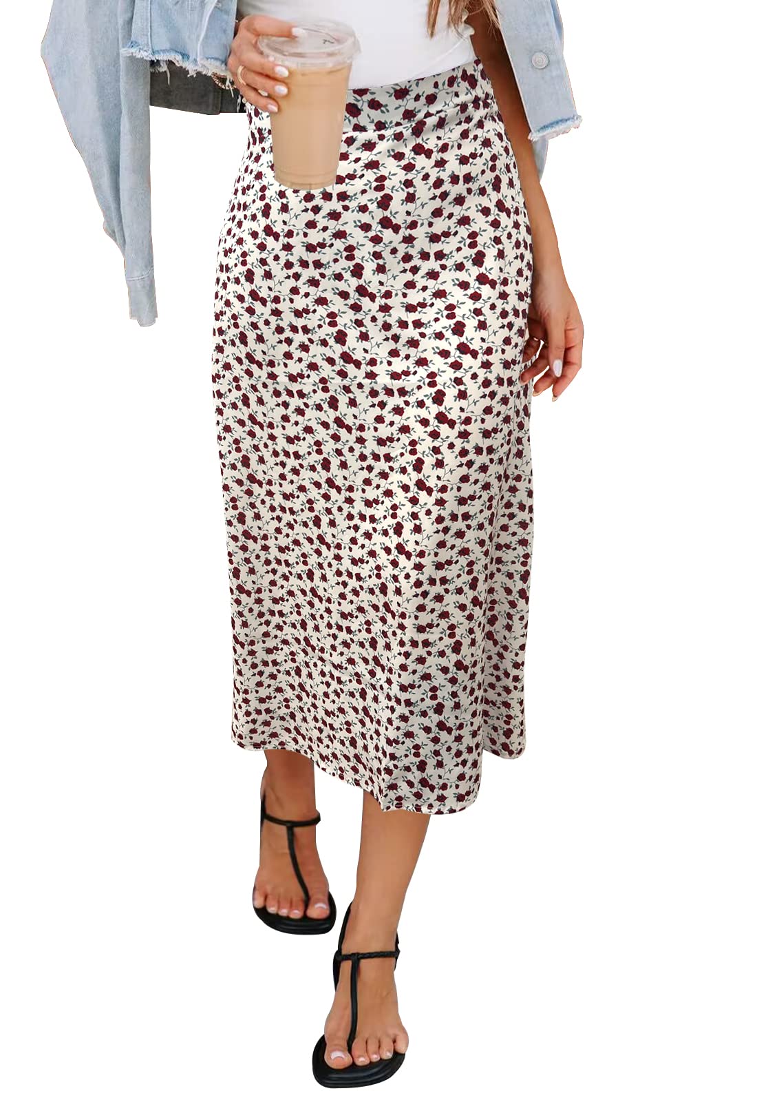 HERBATOMIA Women’s Floral Print Midi Skirt Casual High Elastic Waist Zipper Vintage Long Boho Skirts for Women