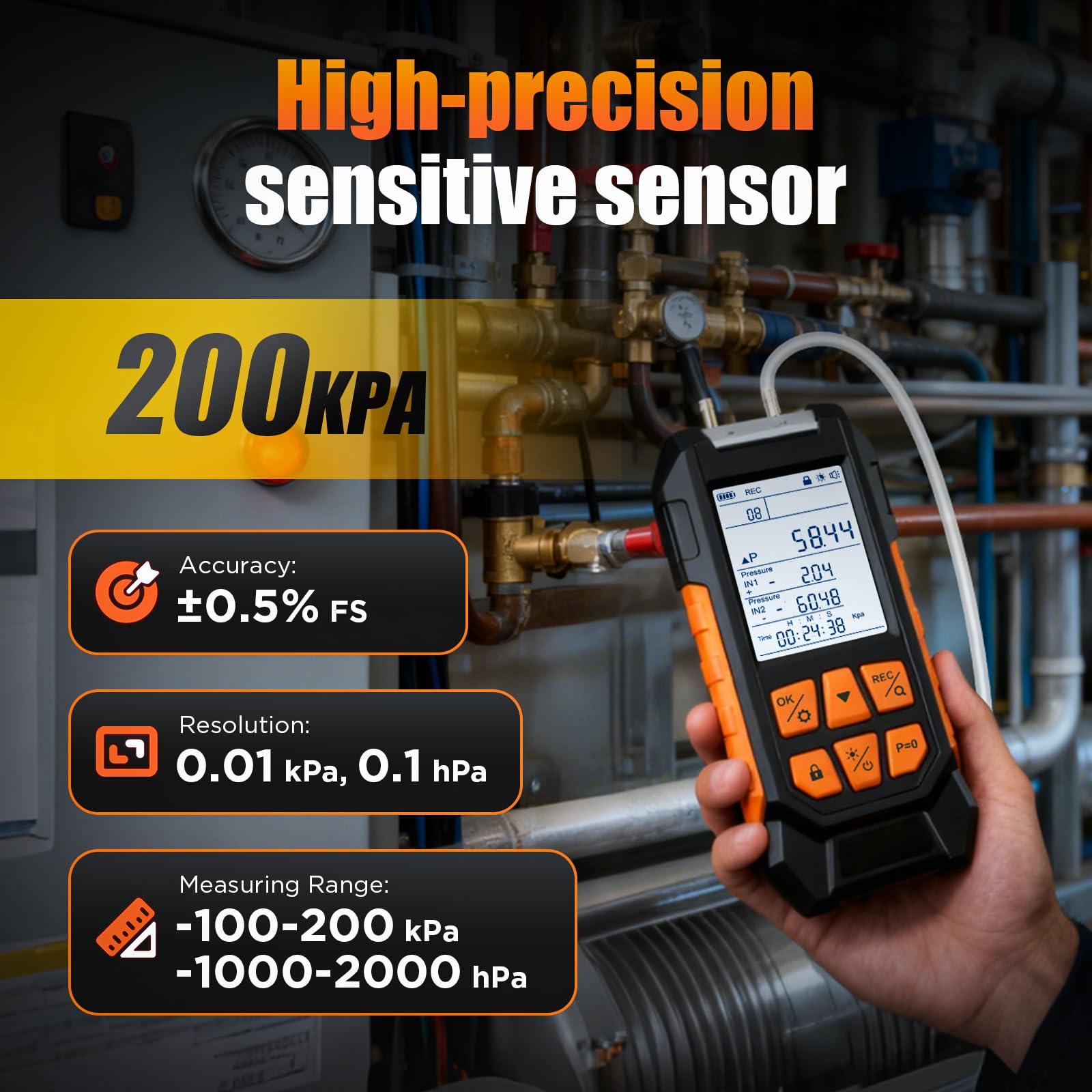 Vacuometro Digital, Manómetro Diferencial con Rango de Medición -100-200 kPa, Probador de Presión de Aire Gas Manómetro HVAC, 10 Unidades, Precisión ±0.3% FS