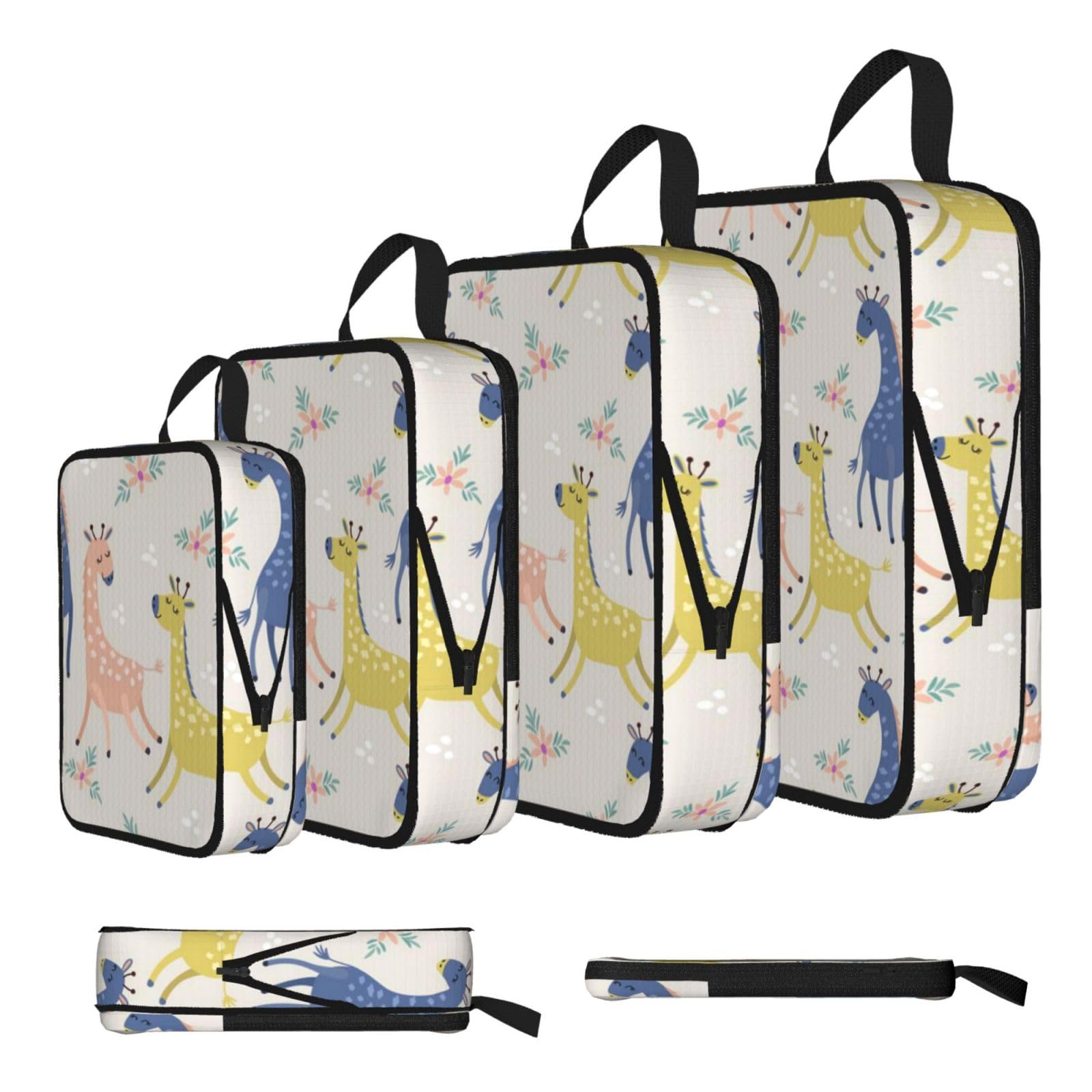 Cute Giraffe Print 4 Set Compression Packing Cubes For Suitcases,Expandable Storage Bags Organizers