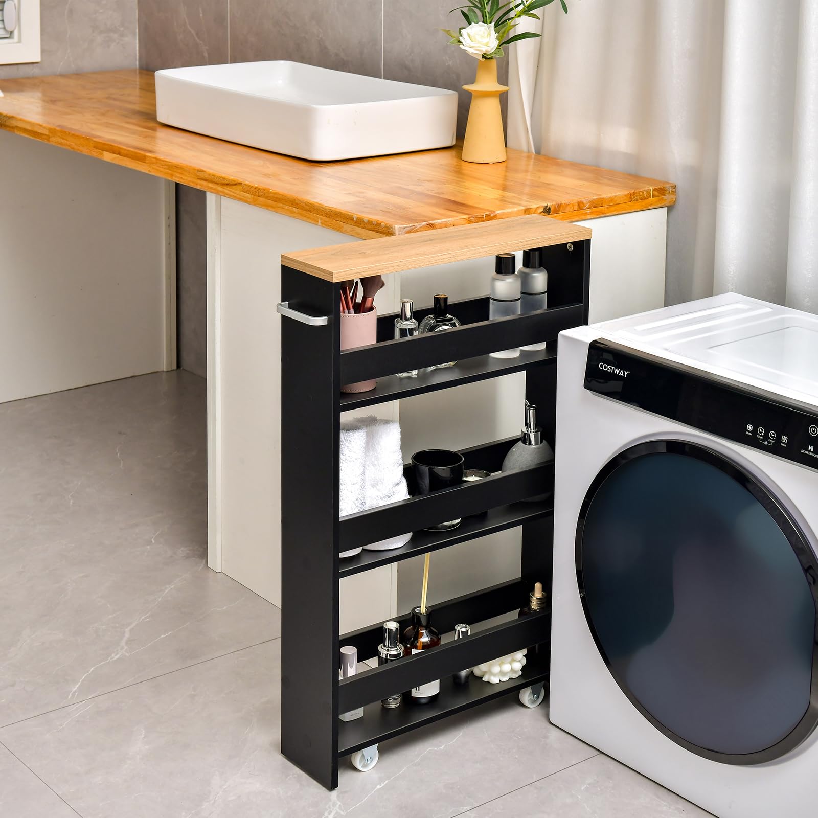 KOMFOTTEU Carrello Portaoggetti a 4 Ripiani con Ruote Rirevoli a 360°, Carrellino Scorrevole con Maniglia Slim, da Bagno, Cucina, Lavanderia, 47,5 x 13 x 80,5 cm (Nero e Naturale, Senza Presa)