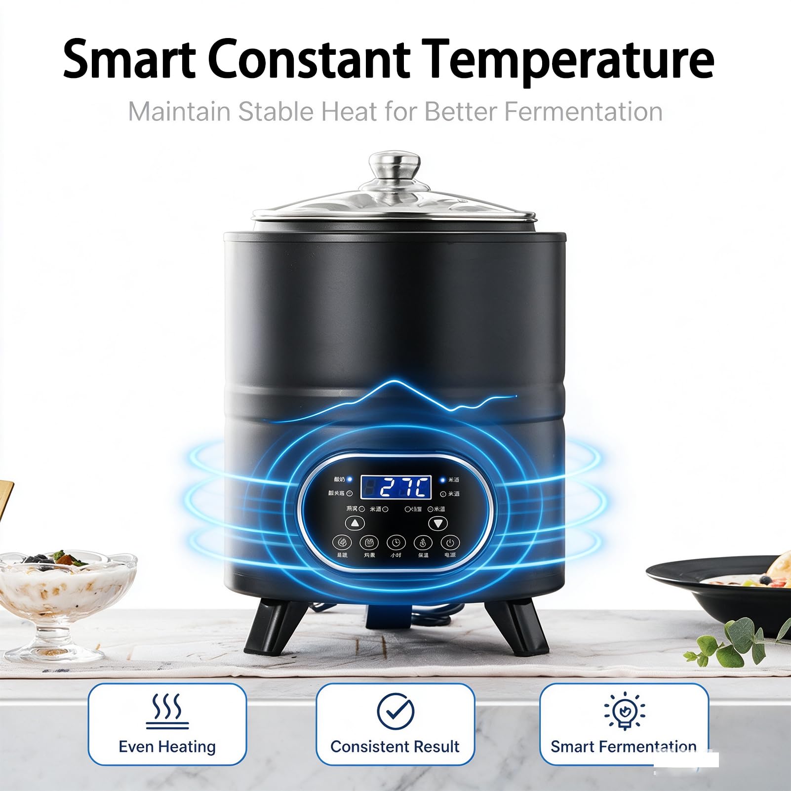 Urządzenie do jogurtowania o mocy 600 W i pojemności 12 l. Inteligentna maszyna do jogurtu o stałej temperaturze | Wielofunkcyjna maszyna do lodów, czasowa kontrola temperatury, probiotyczna maszyna do jogurtu(black)