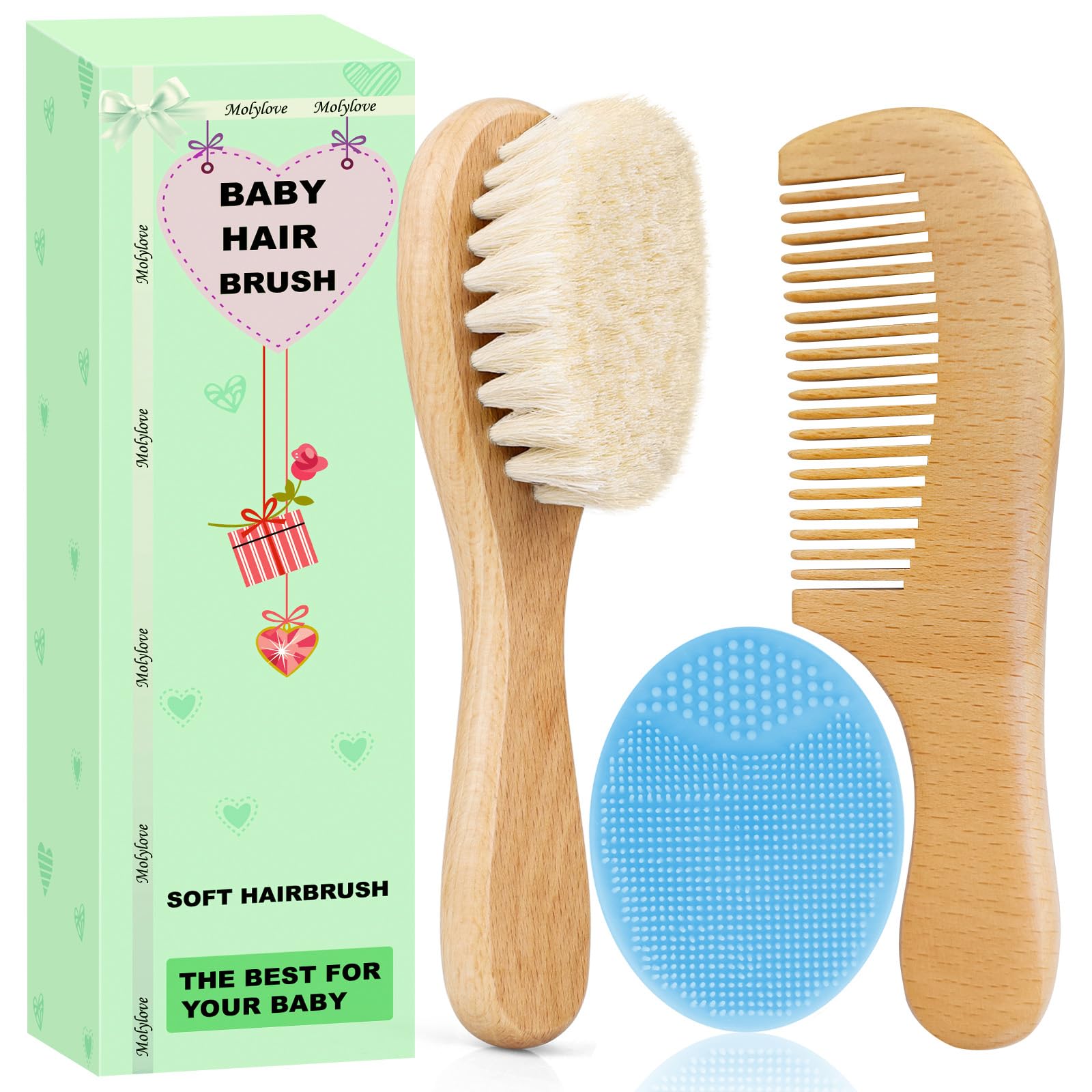 Cepillo para el pelo de bebé Molylove con mango de madera y peine para recién nacidos y niños pequeños | Cerdas naturales suaves de cabra | Peine de madera | Cepillo azul para costra láctea | Ideal para costra láctea (3 piezas)